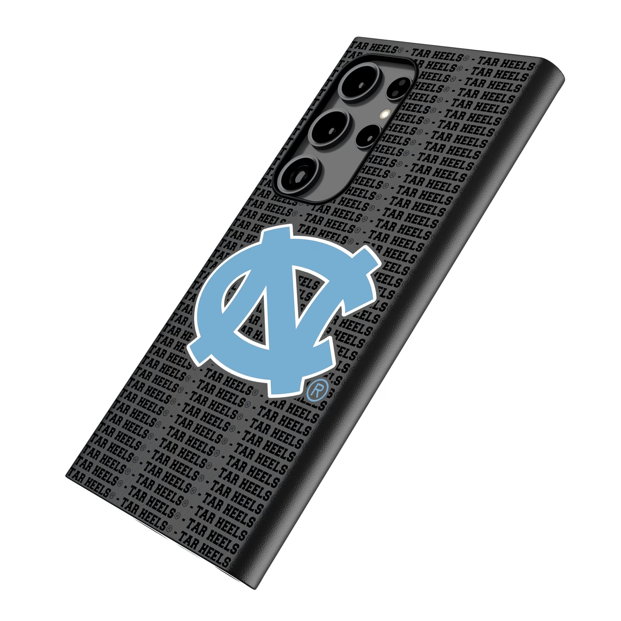 University of North Carolina Tar Heels Text Backdrop Galaxy MagSafe Compatible Phone Case for Samsung Galaxy - Isometric View