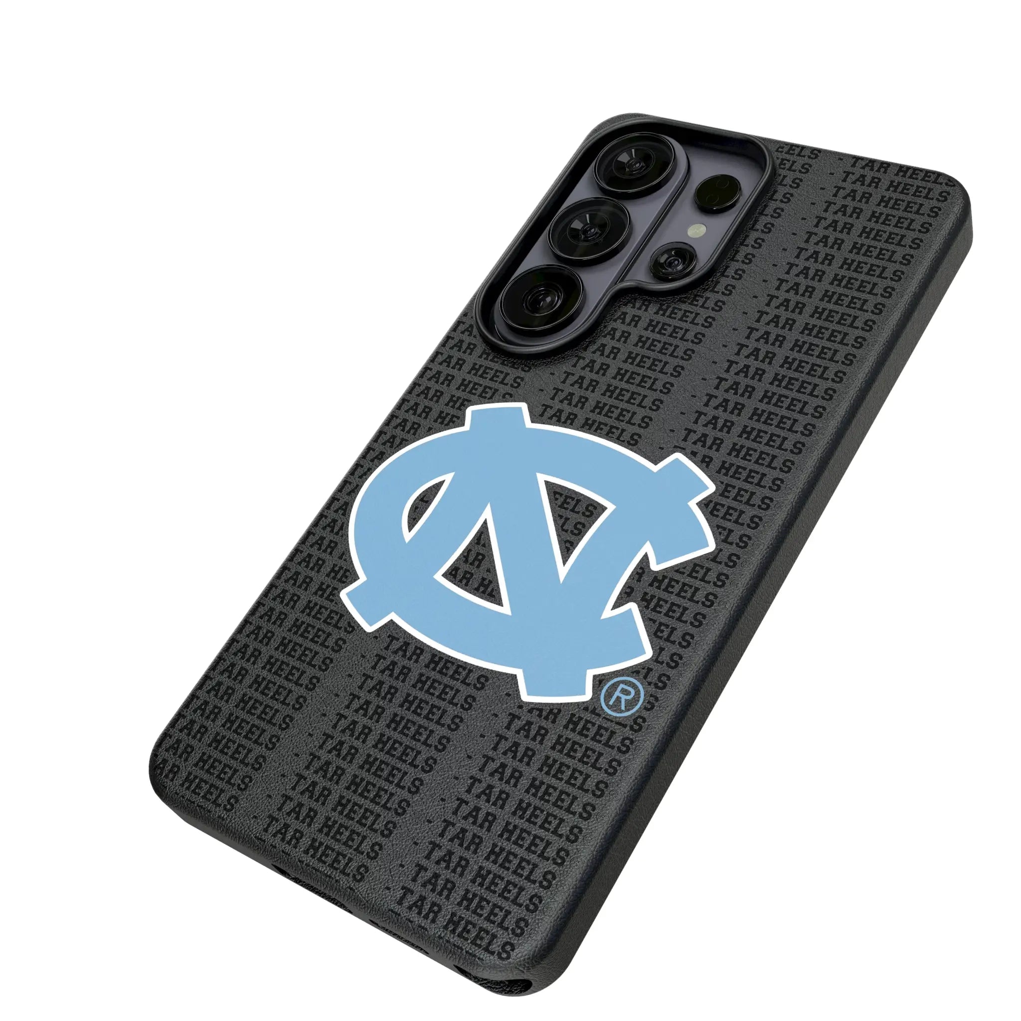 University of North Carolina Tar Heels Text Backdrop Galaxy MagSafe Compatible Phone Case for Samsung Galaxy - Isometric View#Device_Galaxy S26 Ultra