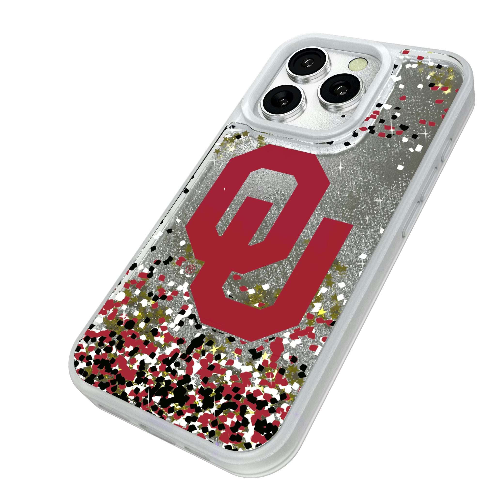University of Oklahoma Sooners Confetti iPhone Glitter Phone Case for Apple iPhone - Isometric View#Device_iPhone 16 Pro