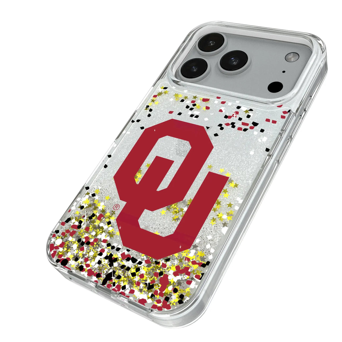 University of Oklahoma Sooners Confetti iPhone Glitter Phone Case for Apple iPhone - Isometric View#Device_iPhone 18 Pro