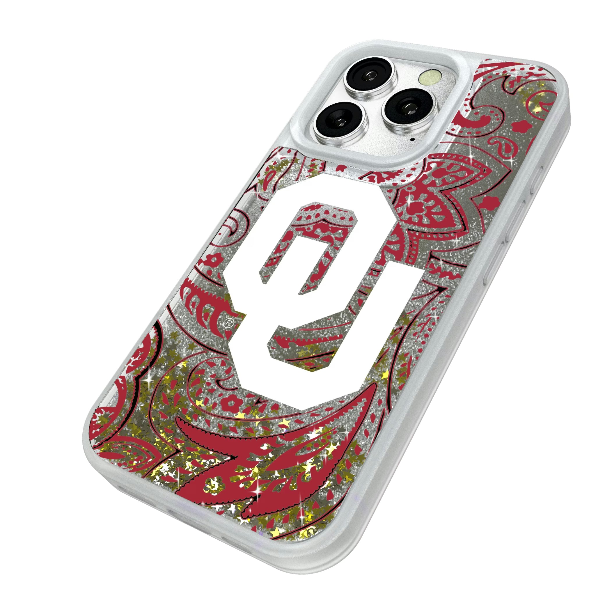 University of Oklahoma Sooners Paisley iPhone Glitter Phone Case for Apple iPhone - Isometric View#Device_iPhone 16 Pro