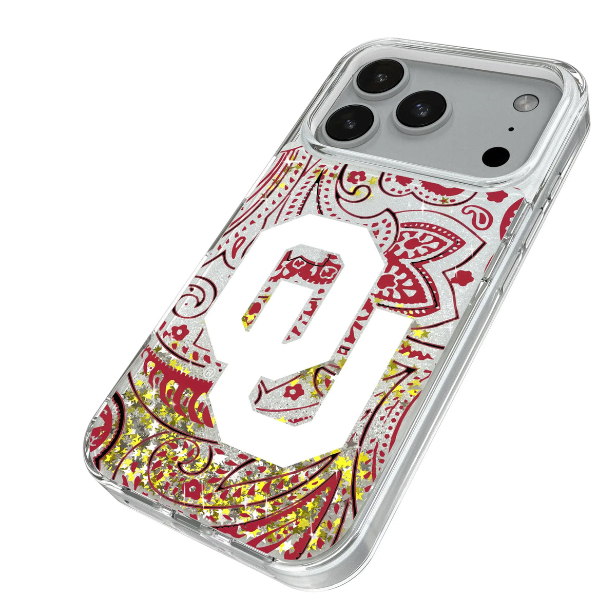 University of Oklahoma Sooners Paisley iPhone Glitter Phone Case for Apple iPhone - Isometric View#Device_iPhone 18 Pro