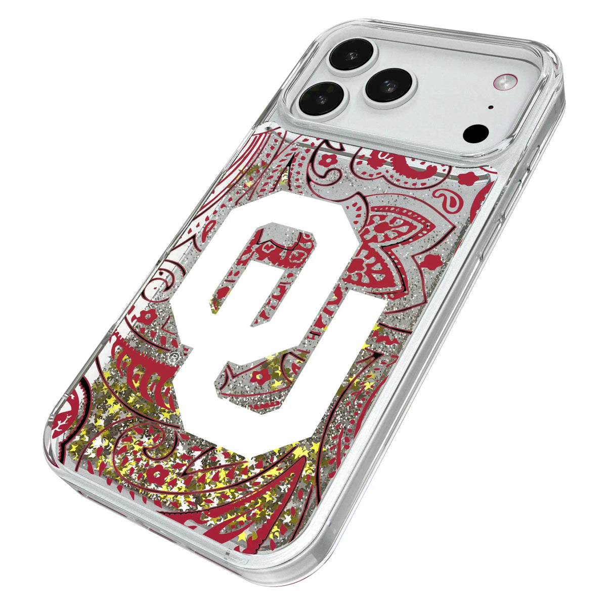 University of Oklahoma Sooners Paisley iPhone Glitter Phone Case for Apple iPhone - Isometric View#Device_iPhone 18 Pro Max