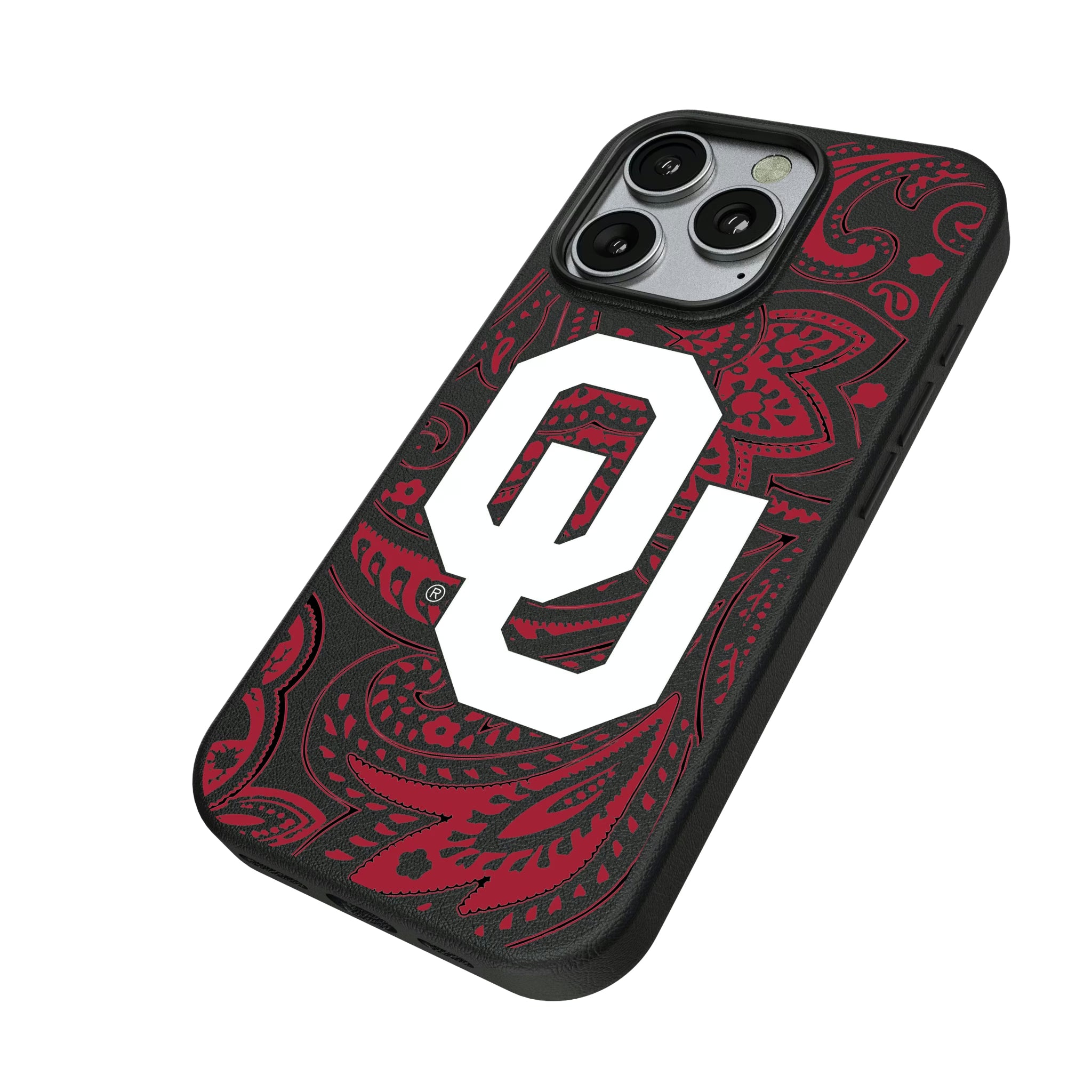 University of Oklahoma Sooners Paisley iPhone MagSafe Compatible Phone Case for Apple iPhone - Isometric View
