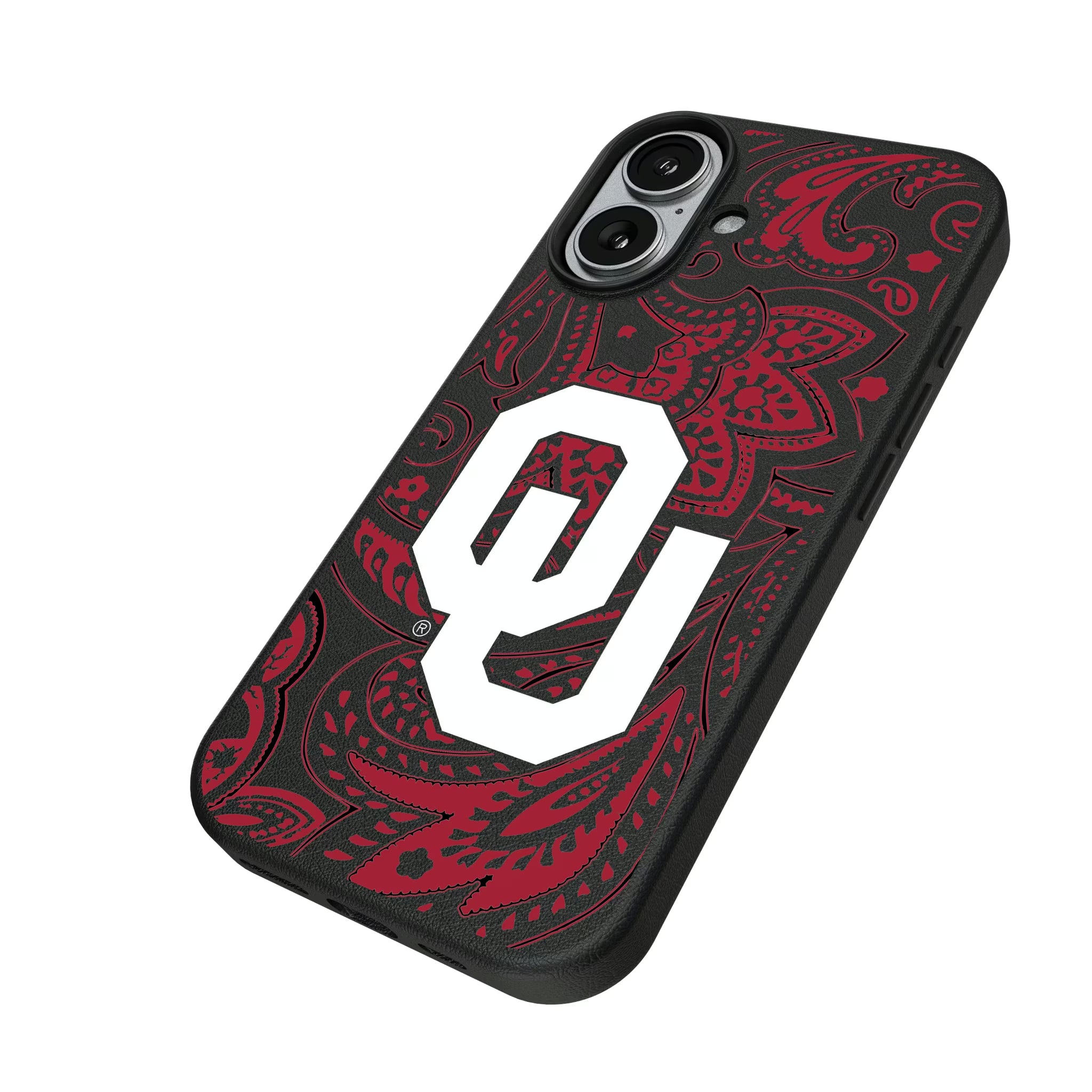 University of Oklahoma Sooners Paisley iPhone MagSafe Compatible Phone Case for Apple iPhone - Isometric View#Device_iPhone 17