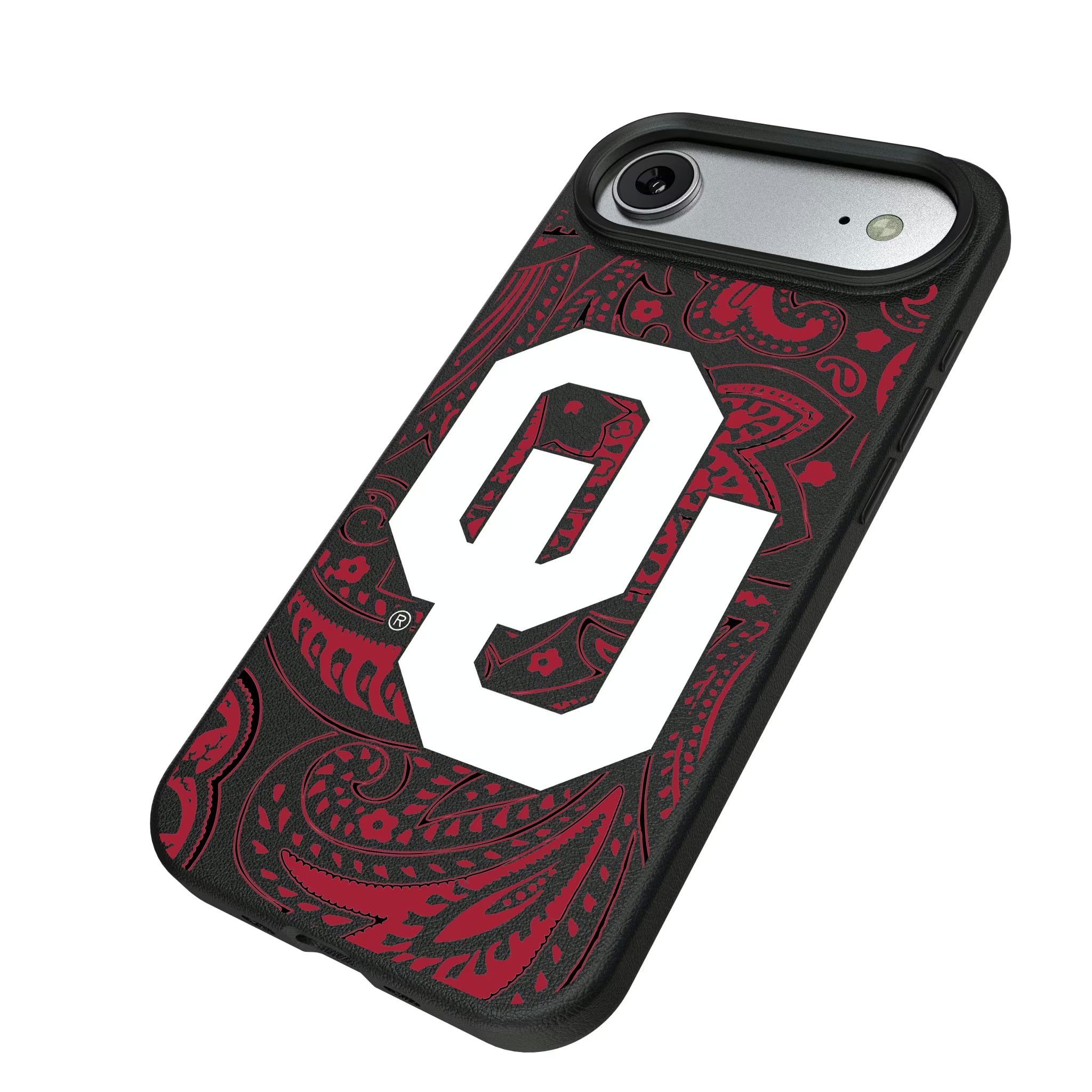 University of Oklahoma Sooners Paisley iPhone MagSafe Compatible Phone Case for Apple iPhone - Isometric View#Device_iPhone Air