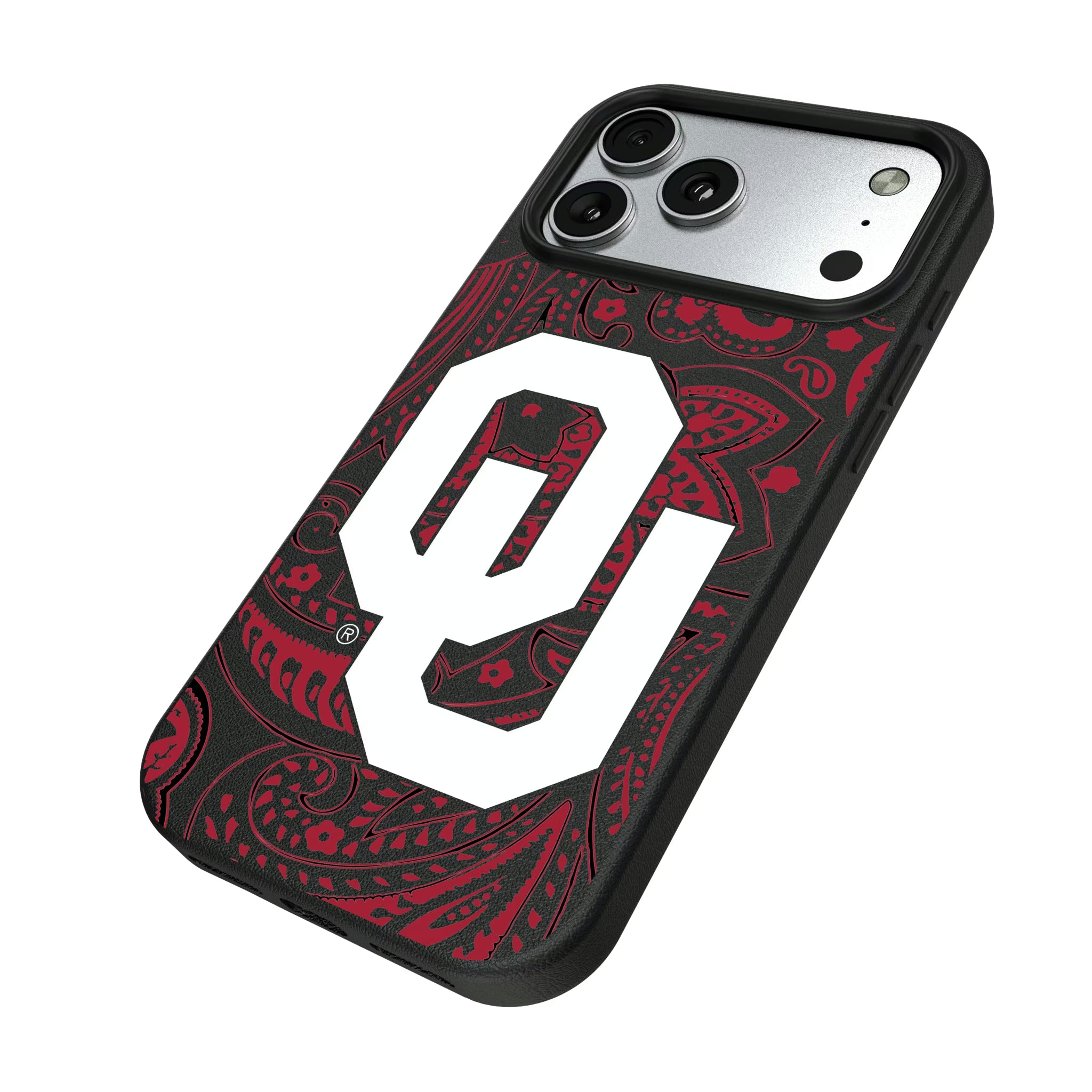 University of Oklahoma Sooners Paisley iPhone MagSafe Compatible Phone Case for Apple iPhone - Isometric View#Device_iPhone 17 Pro Max