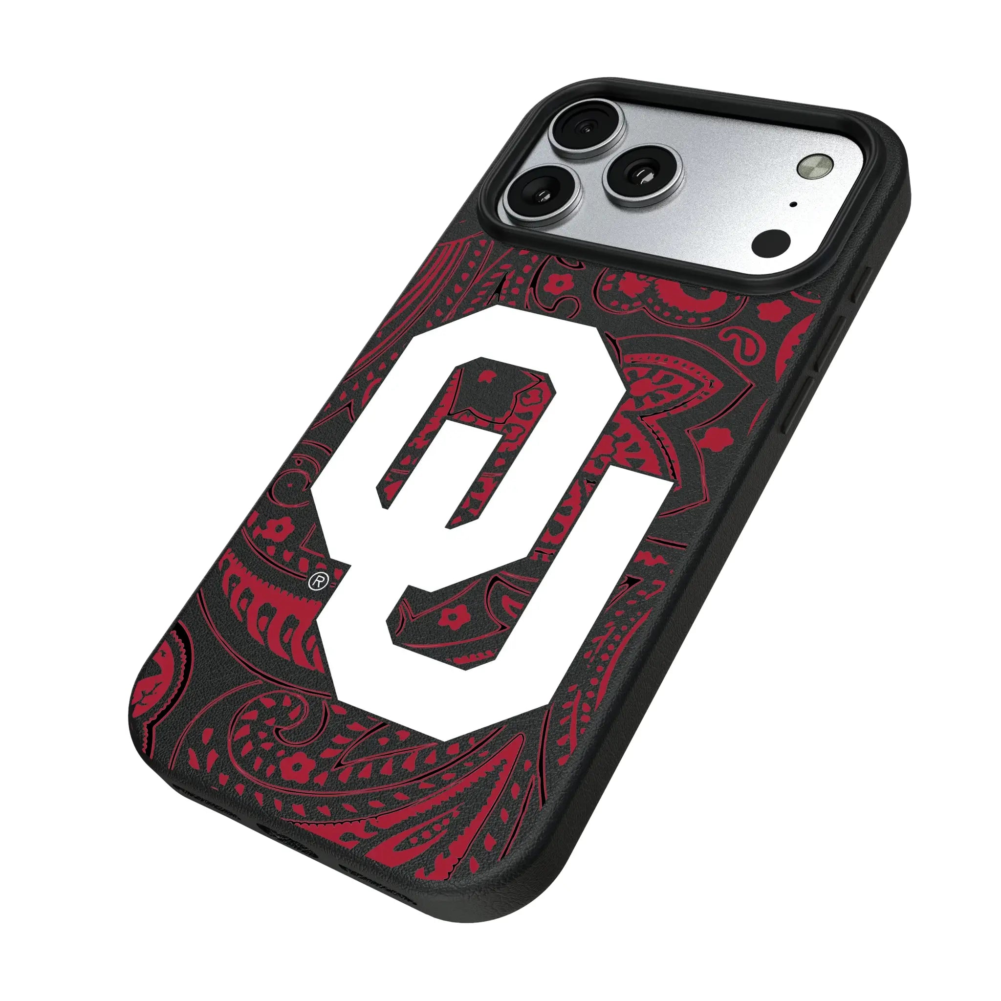 University of Oklahoma Sooners Paisley iPhone MagSafe Compatible Phone Case for Apple iPhone - Isometric View#Device_iPhone 17 Pro Max