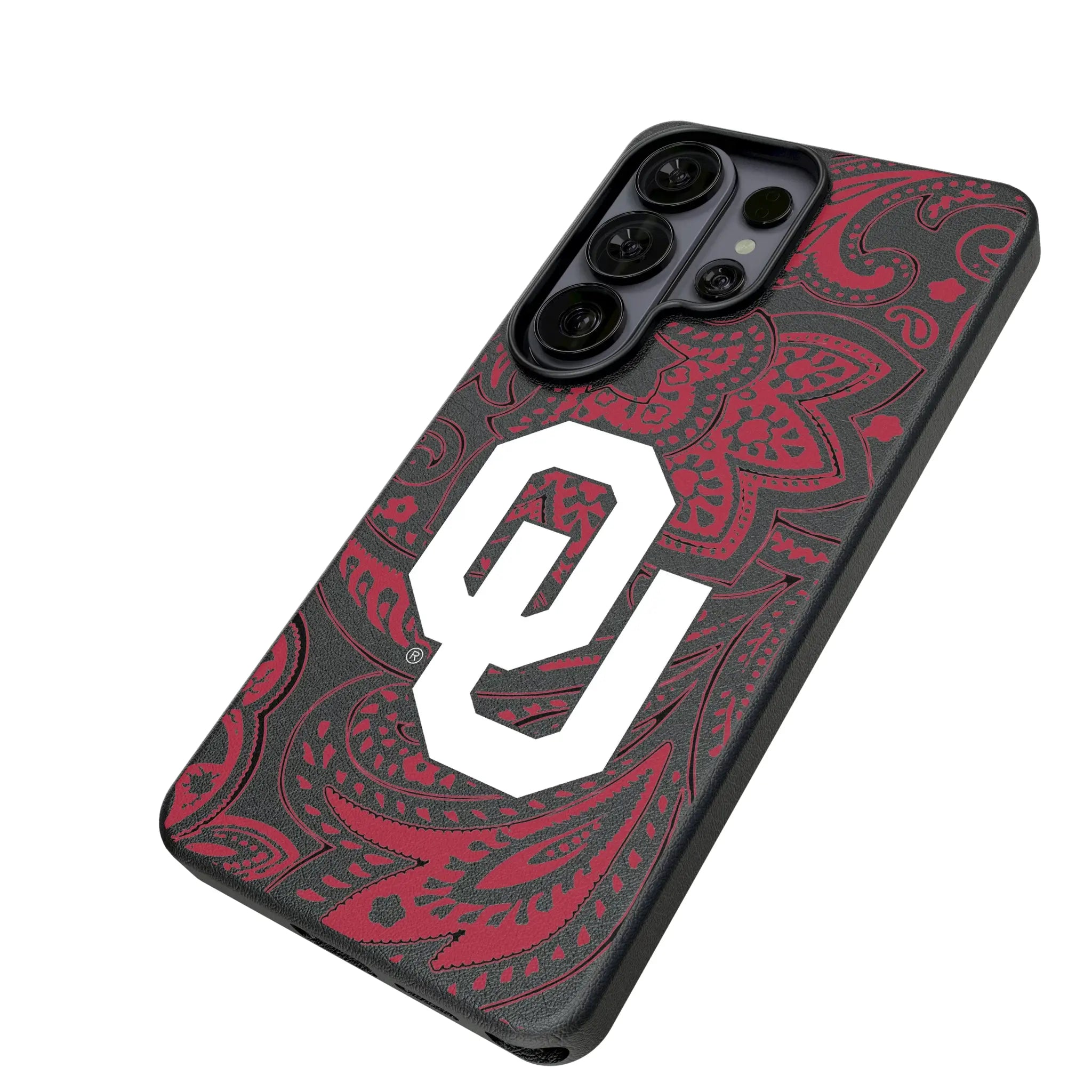 University of Oklahoma Sooners Paisley Galaxy MagSafe Compatible Phone Case for Samsung Galaxy - Isometric View#Device_Galaxy S26 Ultra