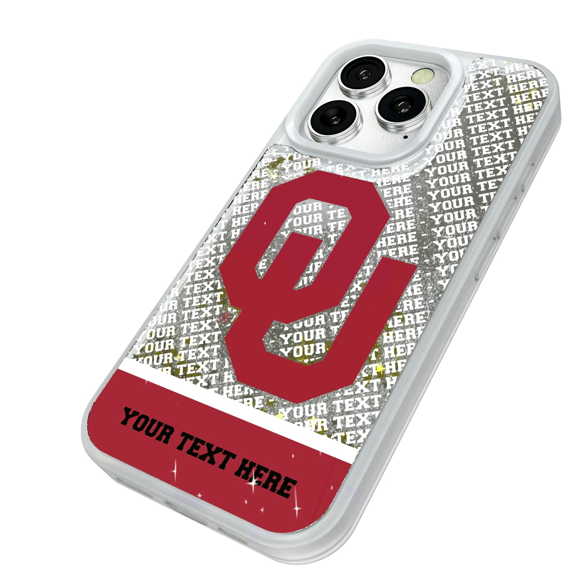 University of Oklahoma Sooners Personalized EndZone Plus iPhone Glitter Phone Case for Apple iPhone - Isometric View#Device_iPhone 16 Pro