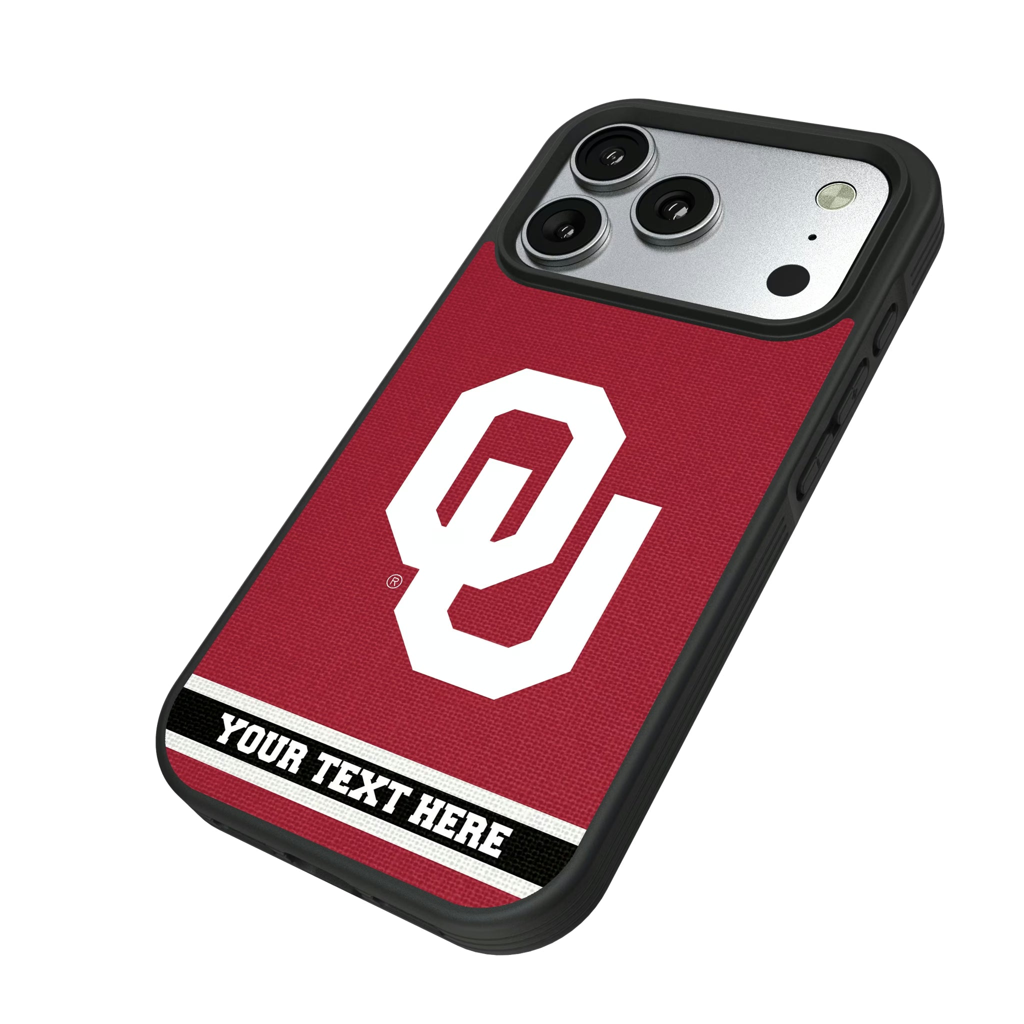 University of Oklahoma Sooners Personalized Stripe iPhone Bump Phone Case for Apple iPhone - Isometric View#Device_iPhone 17 Pro