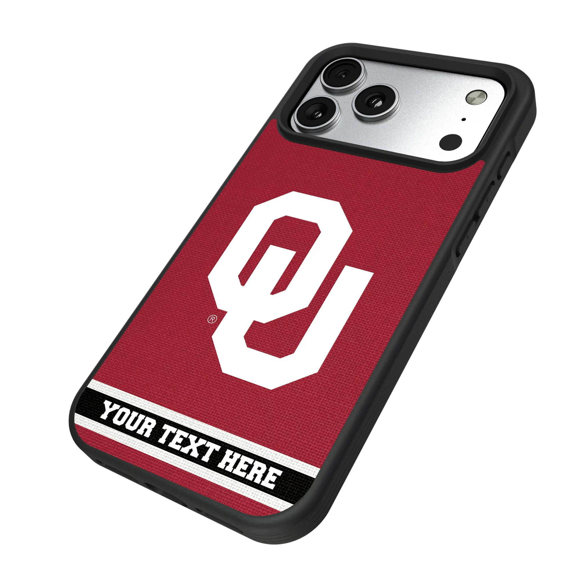 University of Oklahoma Sooners Personalized Stripe iPhone Bump Phone Case for Apple iPhone - Isometric View#Device_iPhone 17 Pro Max