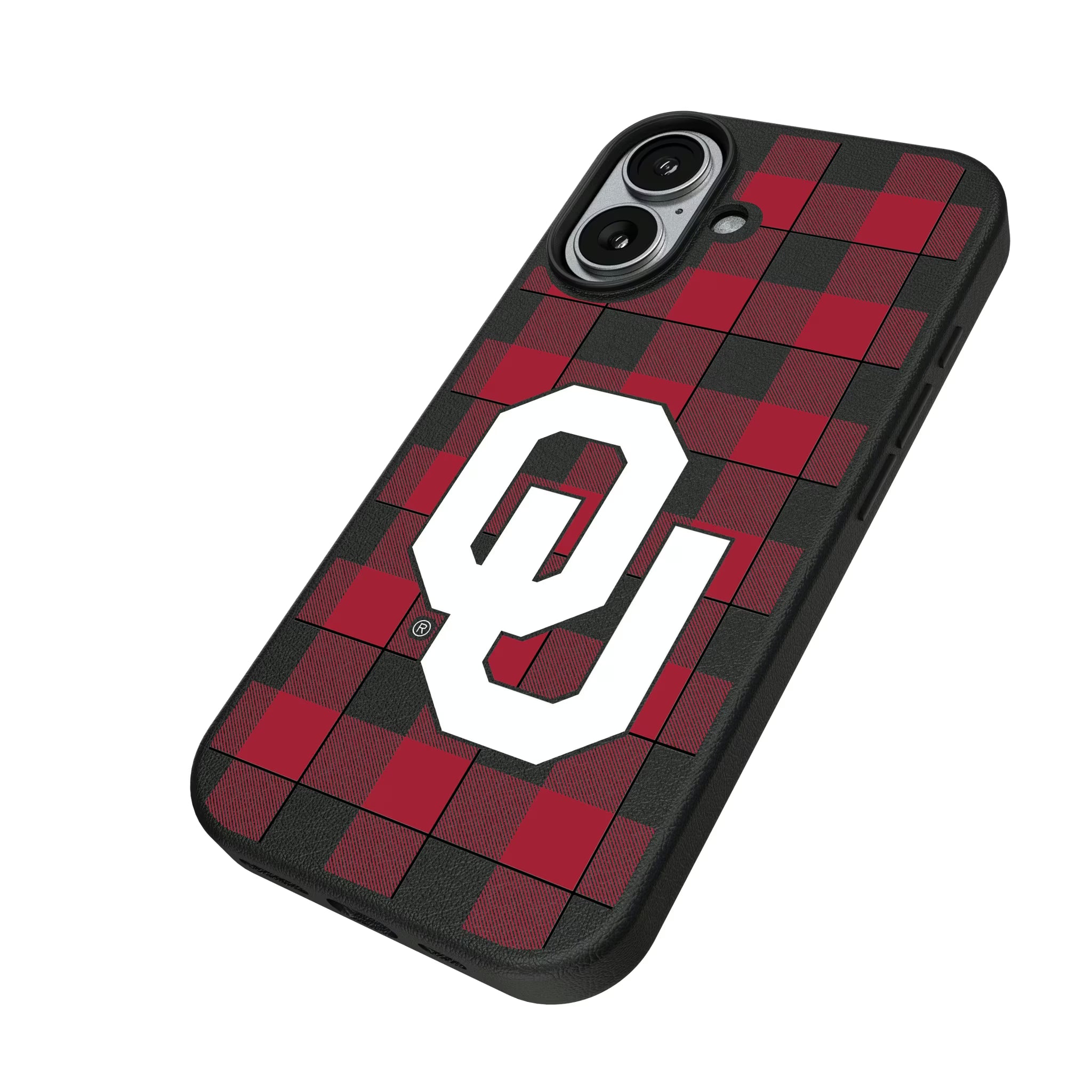 University of Oklahoma Sooners Plaid iPhone MagSafe Compatible Phone Case for Apple iPhone - Isometric View#Device_iPhone 17