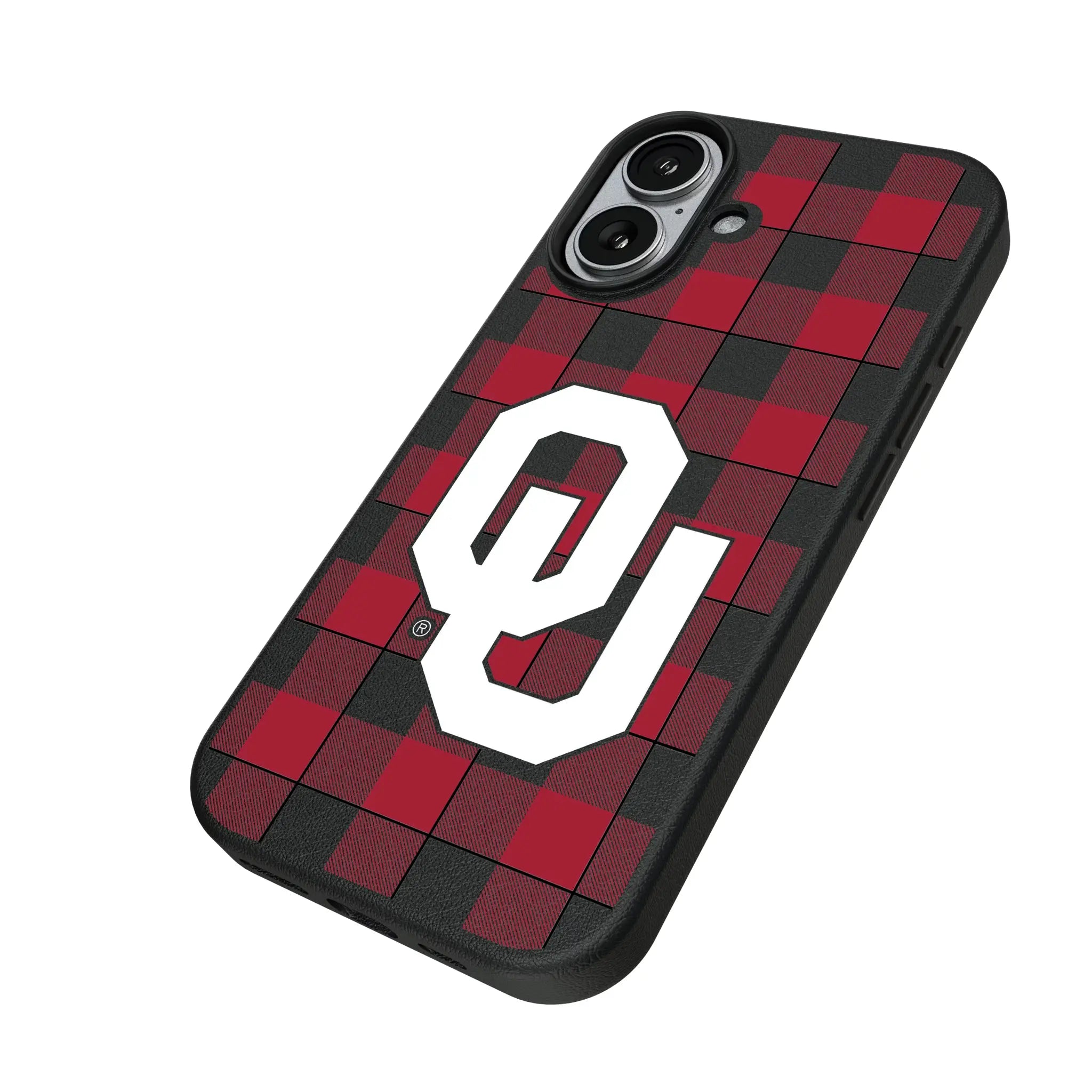 University of Oklahoma Sooners Plaid iPhone MagSafe Compatible Phone Case for Apple iPhone - Isometric View#Device_iPhone 17