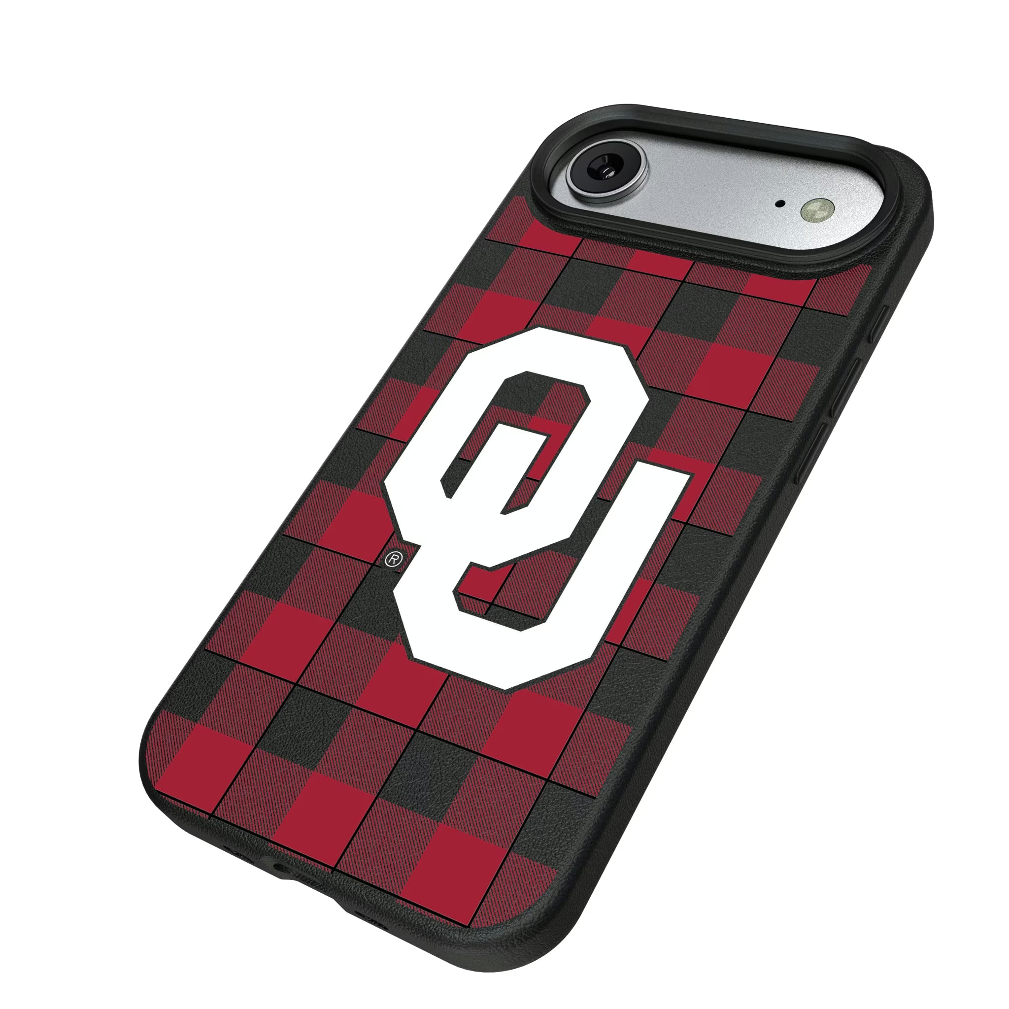University of Oklahoma Sooners Plaid iPhone MagSafe Compatible Phone Case for Apple iPhone - Isometric View#Device_iPhone Air