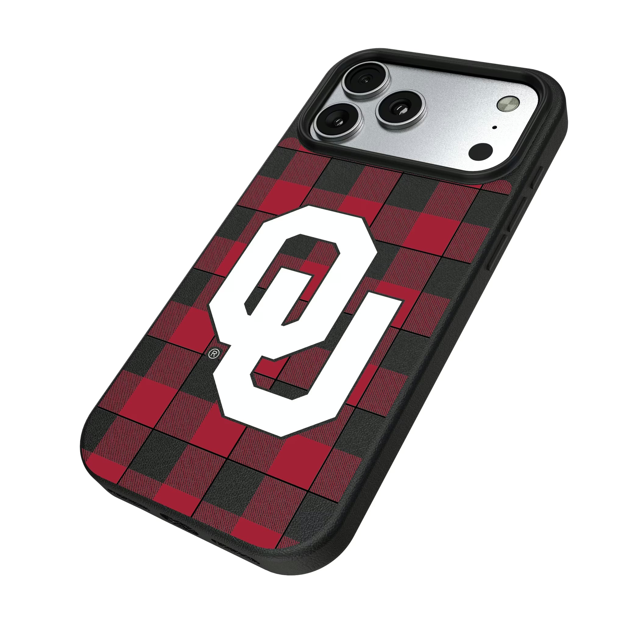 University of Oklahoma Sooners Plaid iPhone MagSafe Compatible Phone Case for Apple iPhone - Isometric View#Device_iPhone 17 Pro Max