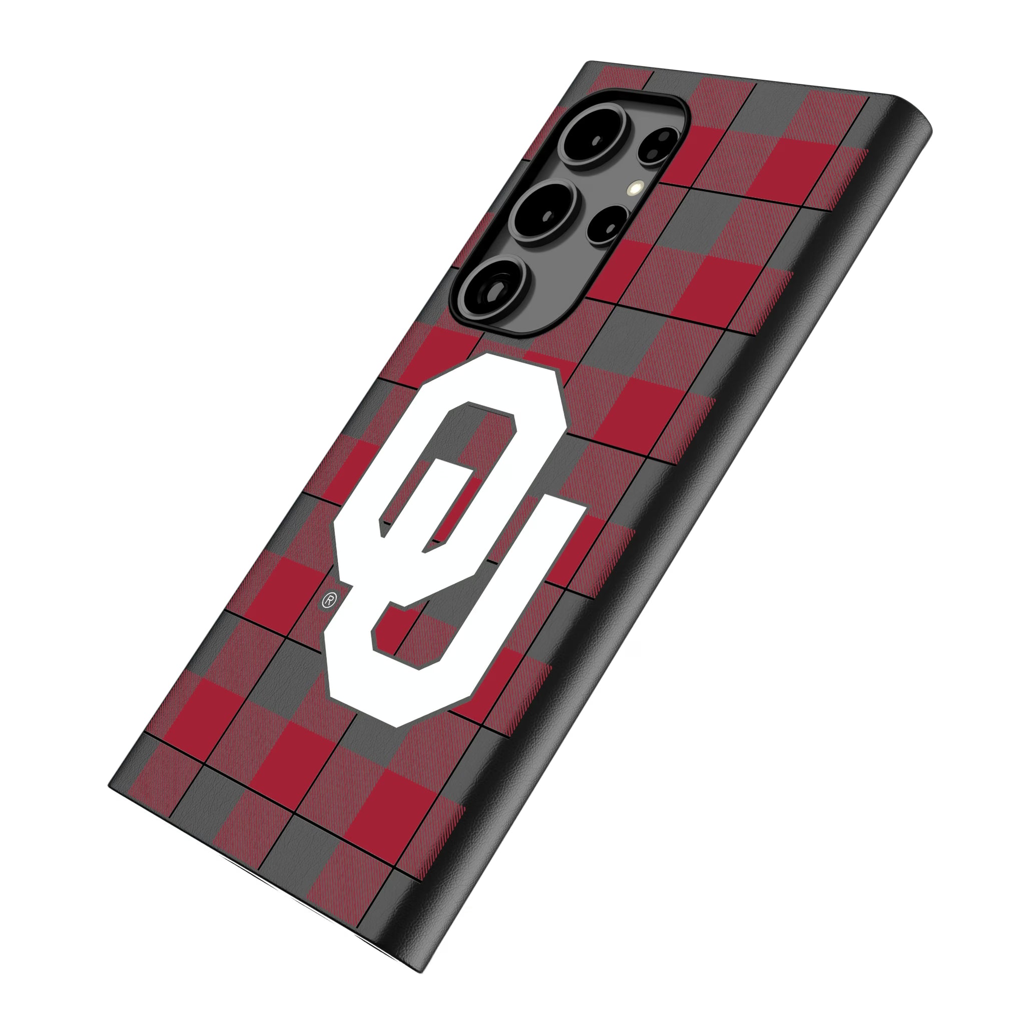 University of Oklahoma Sooners Plaid Galaxy MagSafe Compatible Phone Case for Samsung Galaxy - Isometric View