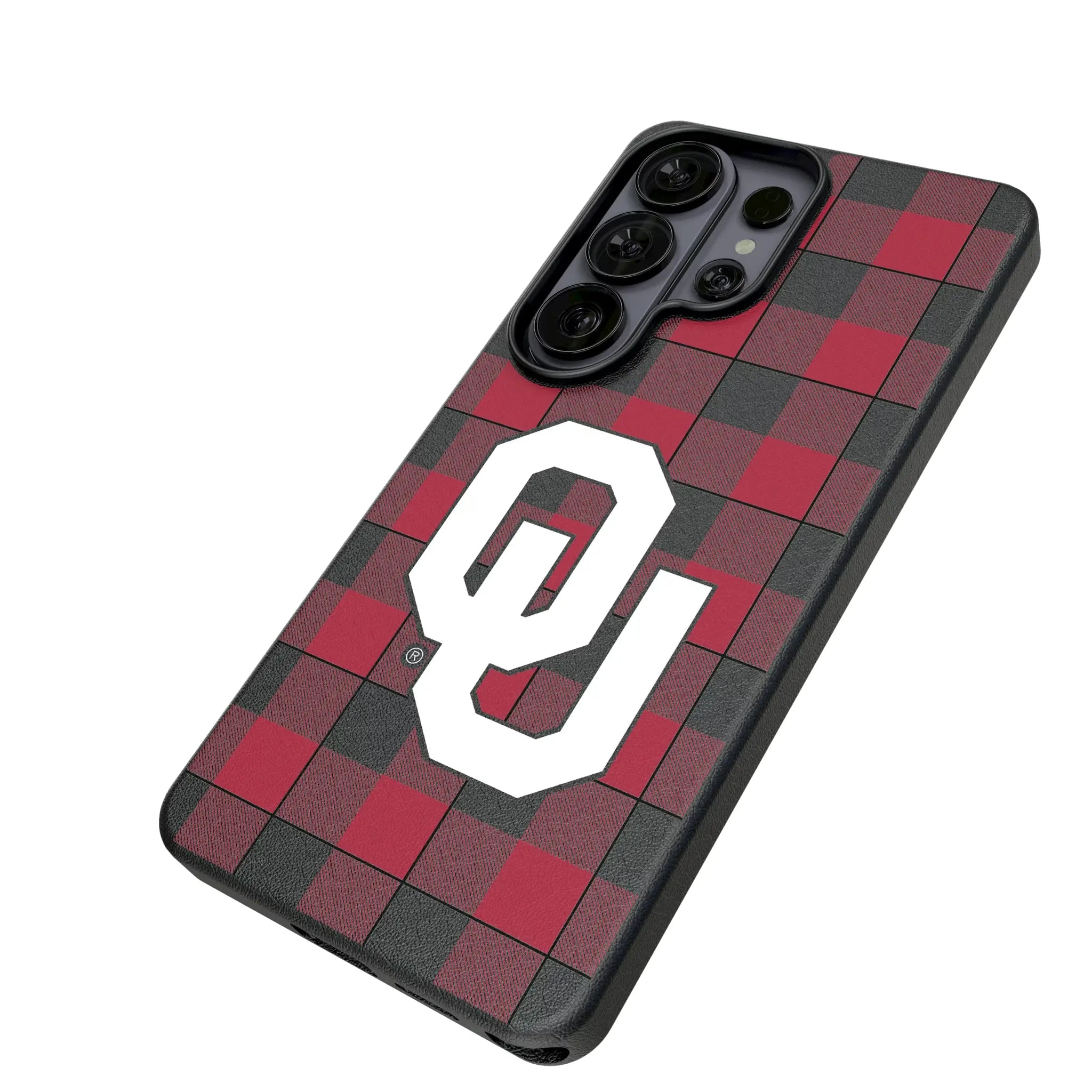 University of Oklahoma Sooners Plaid Galaxy MagSafe Compatible Phone Case for Samsung Galaxy - Isometric View#Device_Galaxy S26 Ultra