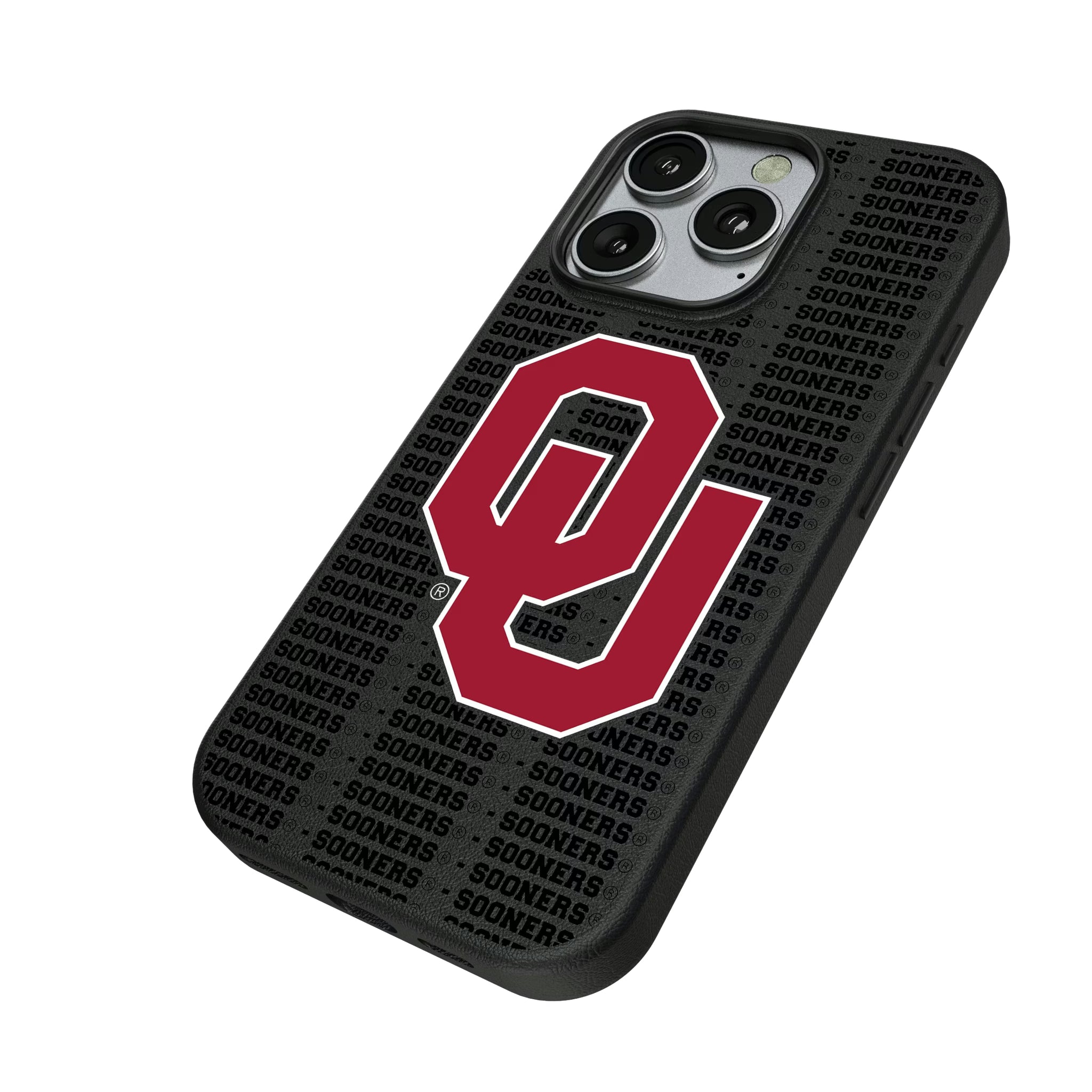 University of Oklahoma Sooners Text Backdrop iPhone MagSafe Compatible Phone Case for Apple iPhone - Isometric View