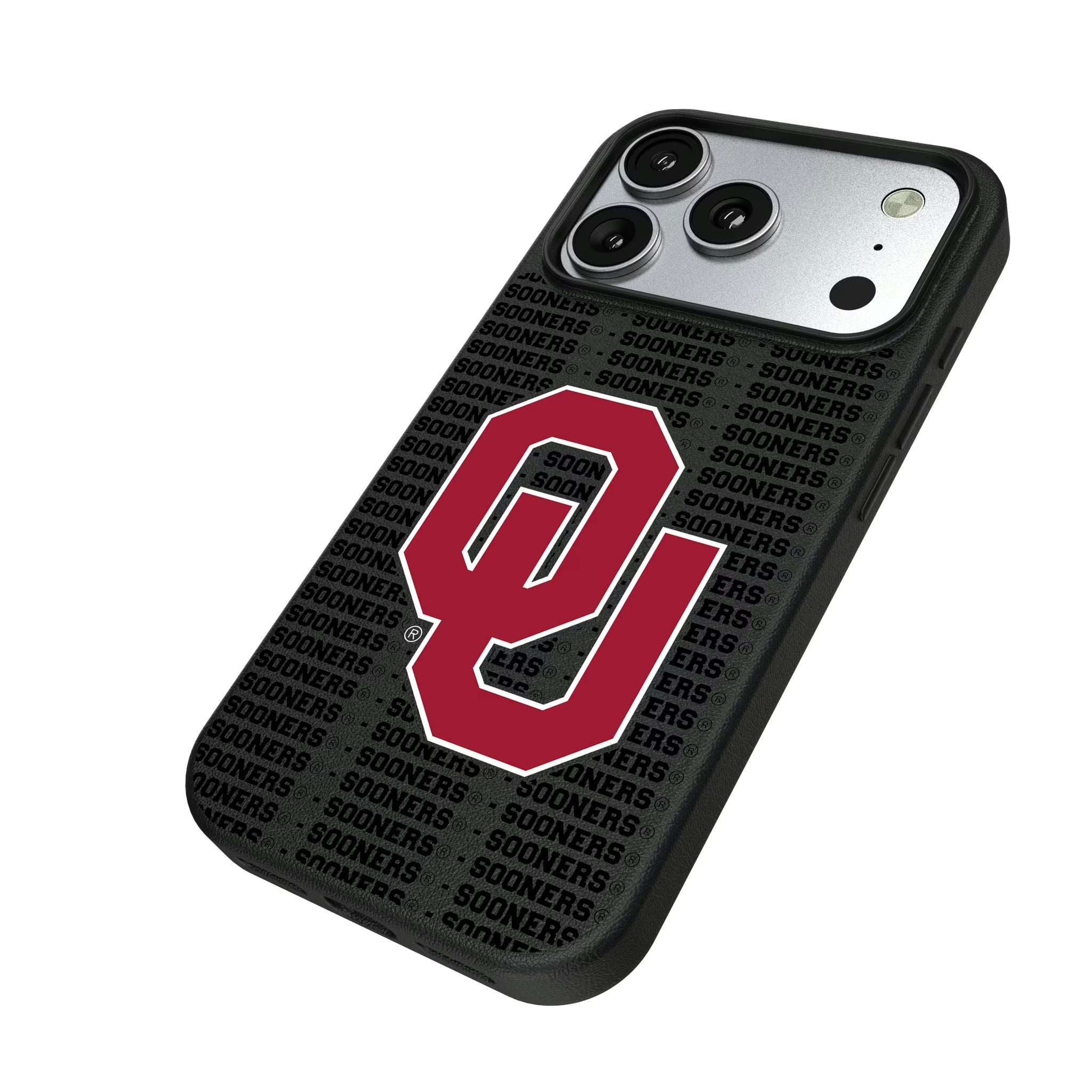 University of Oklahoma Sooners Text Backdrop iPhone MagSafe Compatible Phone Case for Apple iPhone - Isometric View#Device_iPhone 17 Pro