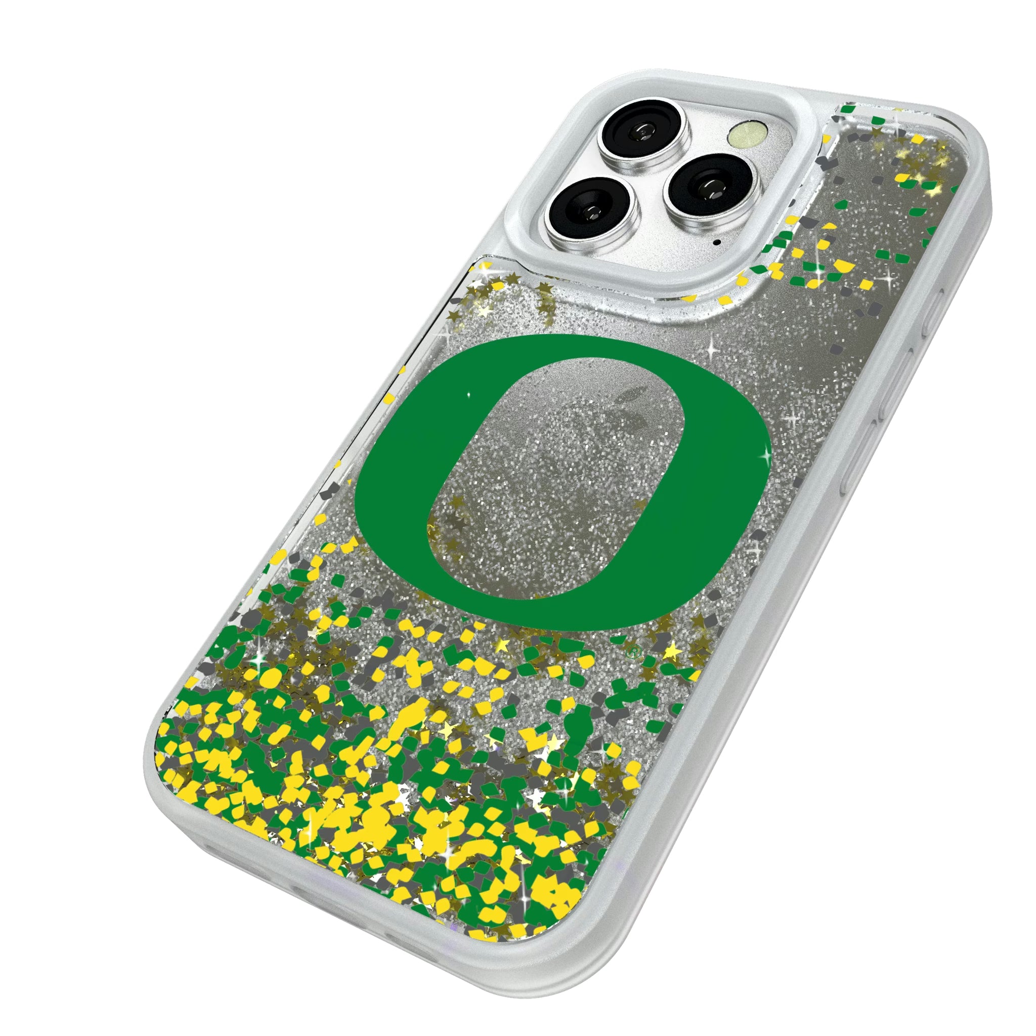 University of Oregon Ducks Confetti iPhone Glitter Phone Case for Apple iPhone - Isometric View#Device_iPhone 16 Pro