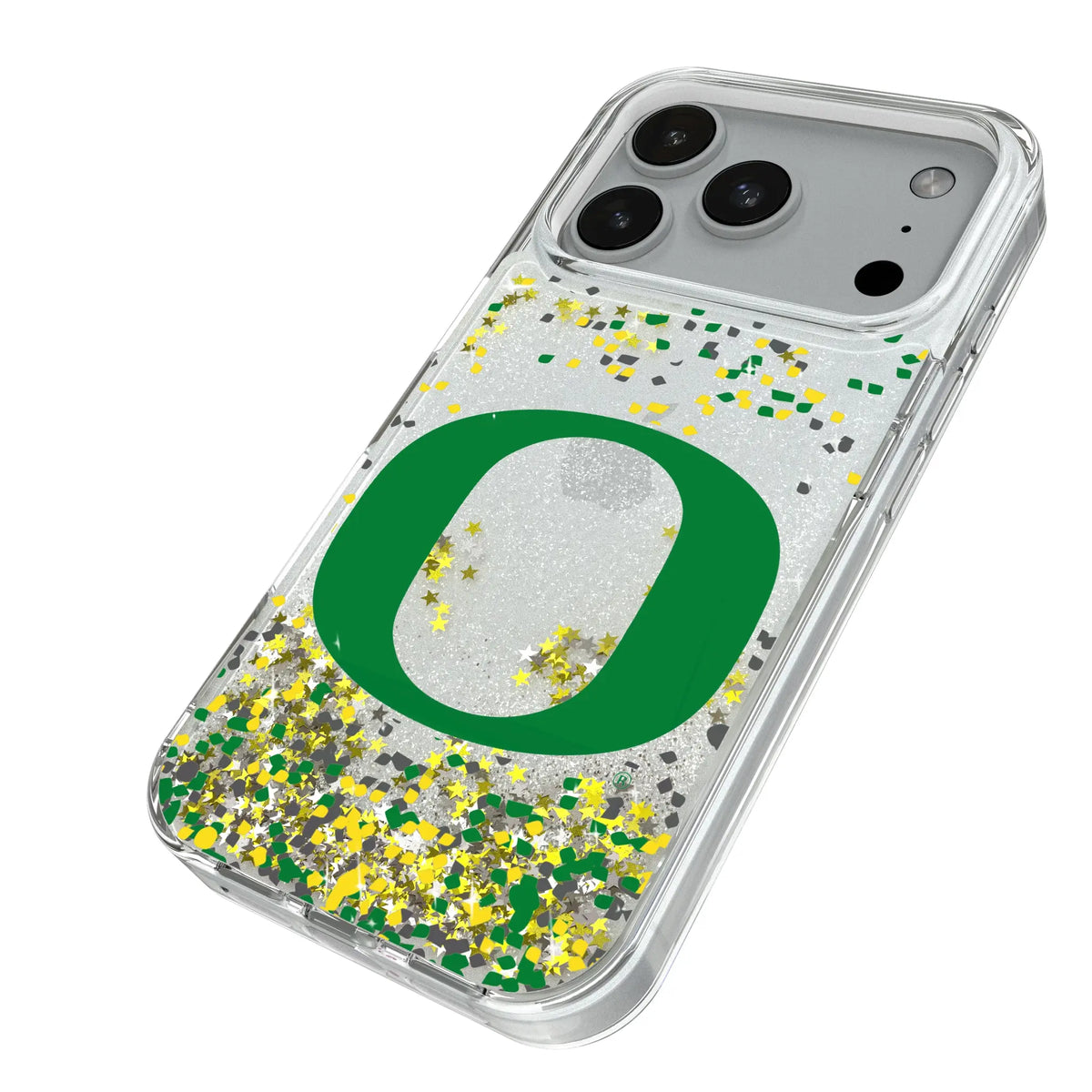 University of Oregon Ducks Confetti iPhone Glitter Phone Case for Apple iPhone - Isometric View#Device_iPhone 18 Pro