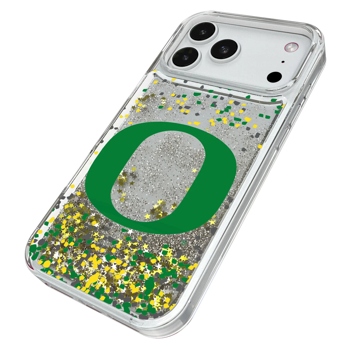 University of Oregon Ducks Confetti iPhone Glitter Phone Case for Apple iPhone - Isometric View#Device_iPhone 18 Pro Max
