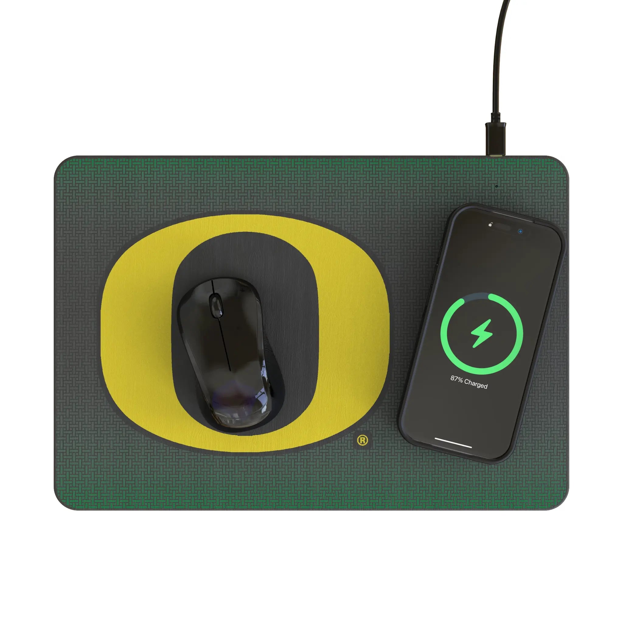University of Oregon Ducks Linen 15-Watt Wireless Charger and Mouse Pad - Lifestyle