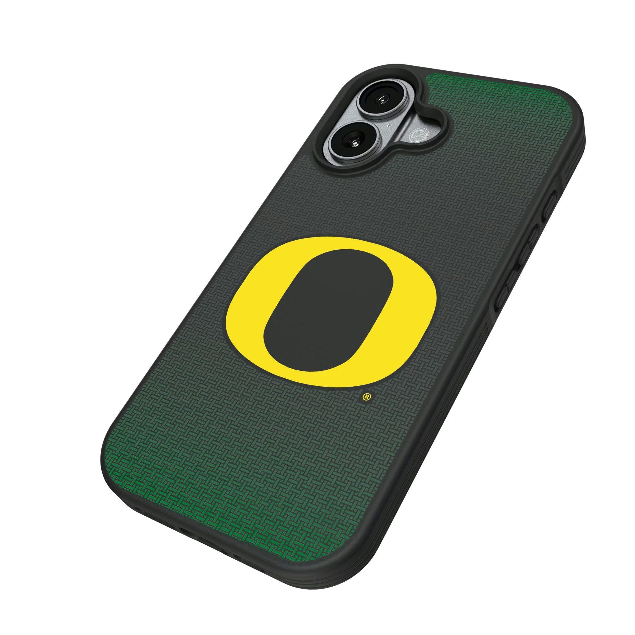 University of Oregon Ducks Linen iPhone Bump Phone Case for Apple iPhone - Isometric View#Device_iPhone 17