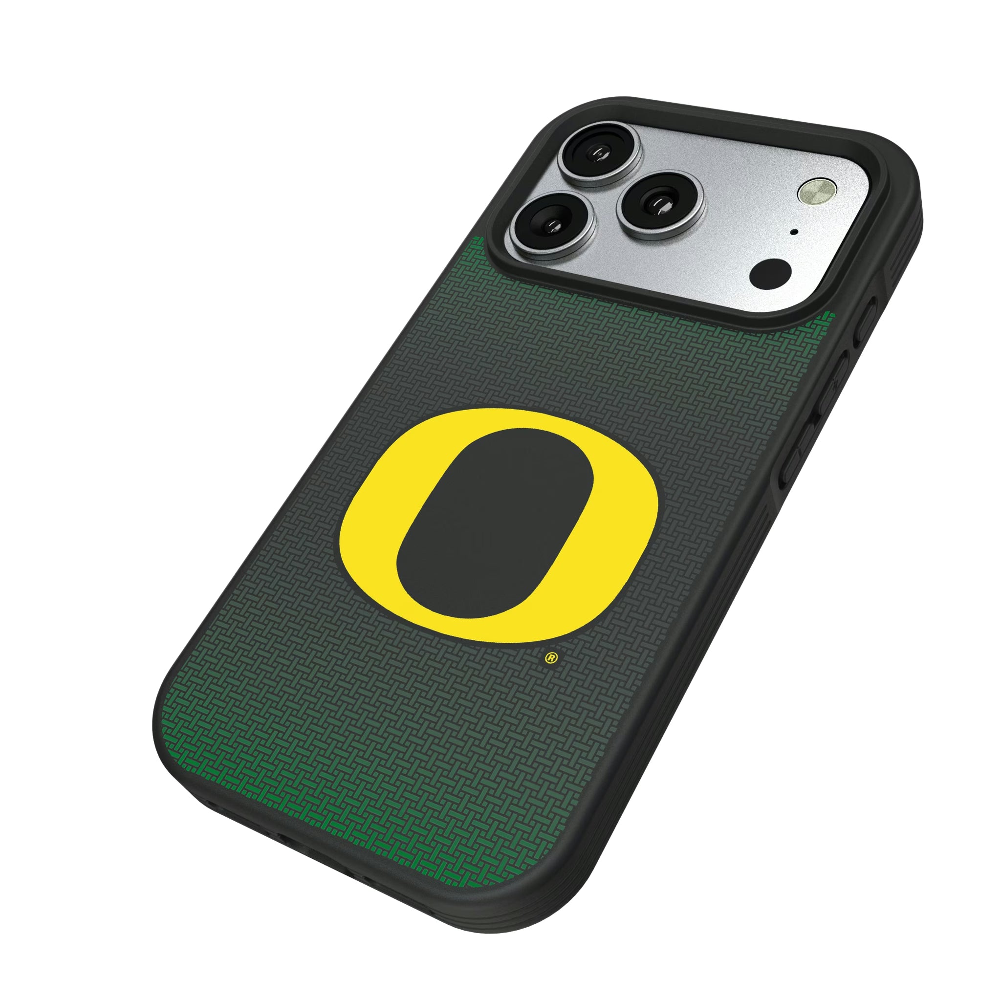 University of Oregon Ducks Linen iPhone Bump Phone Case for Apple iPhone - Isometric View#Device_iPhone 17 Pro