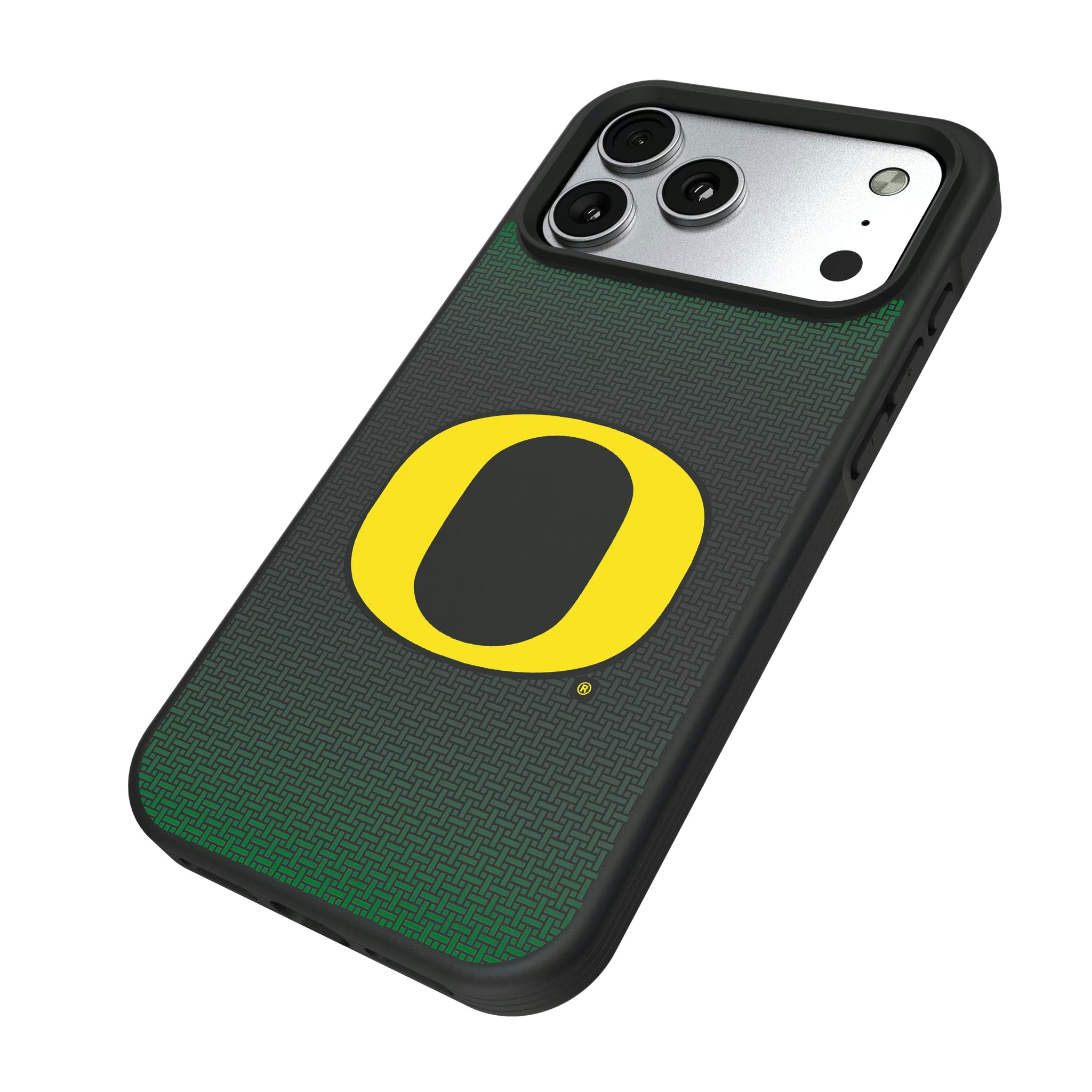 University of Oregon Ducks Linen iPhone Bump Phone Case for Apple iPhone - Isometric View#Device_iPhone 17 Pro Max