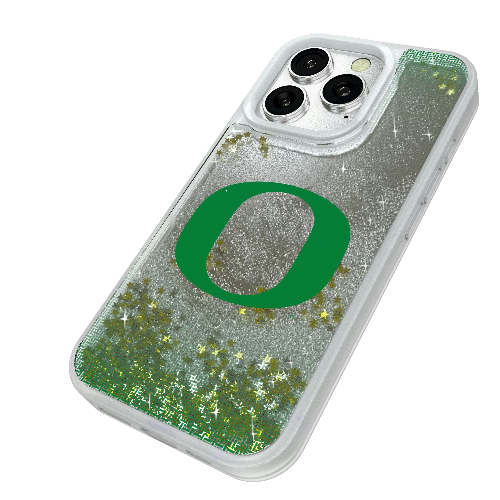 University of Oregon Ducks Linen iPhone Glitter Phone Case for Apple iPhone - Isometric View#Device_iPhone 16 Pro