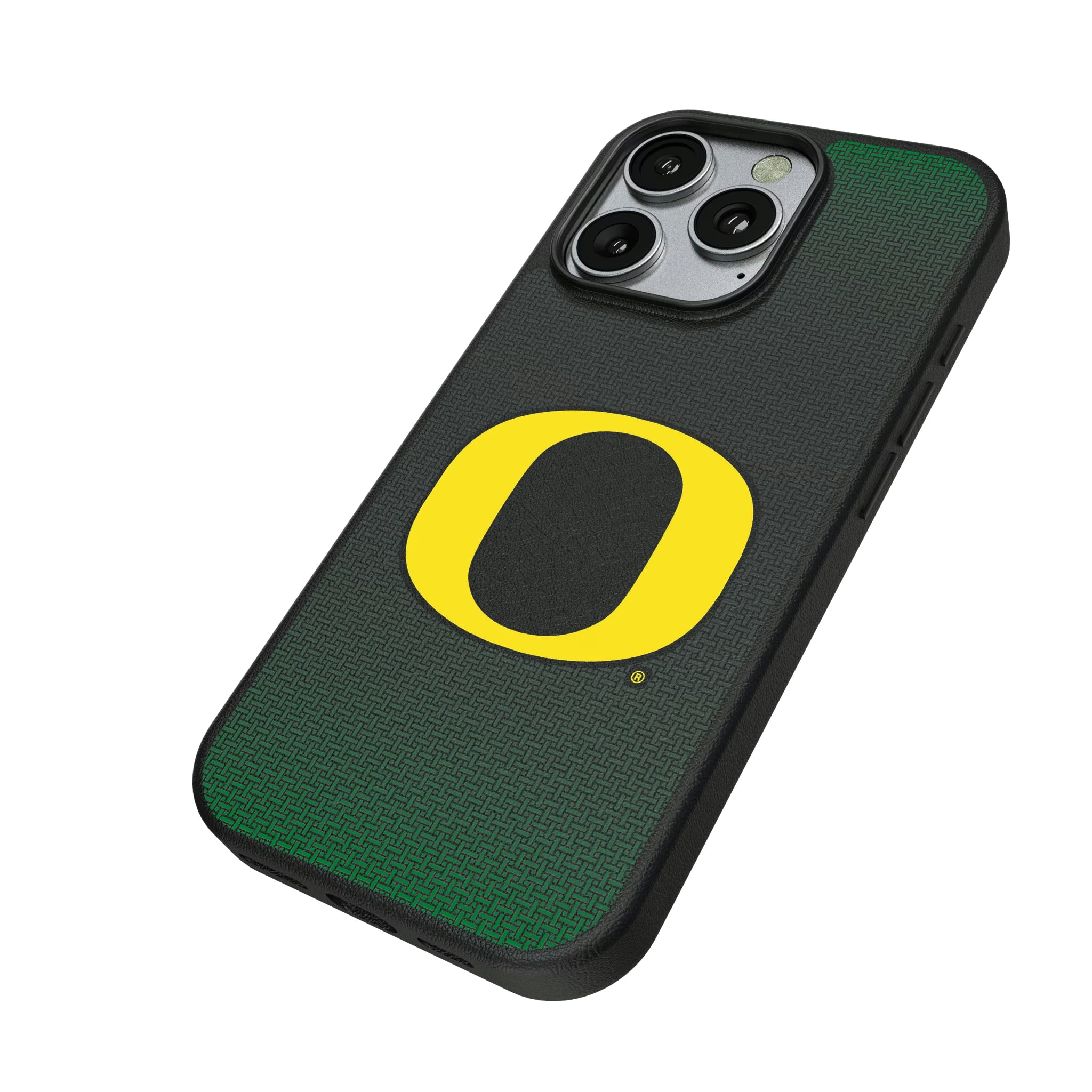University of Oregon Ducks Linen iPhone MagSafe Compatible Phone Case for Apple iPhone - Isometric View