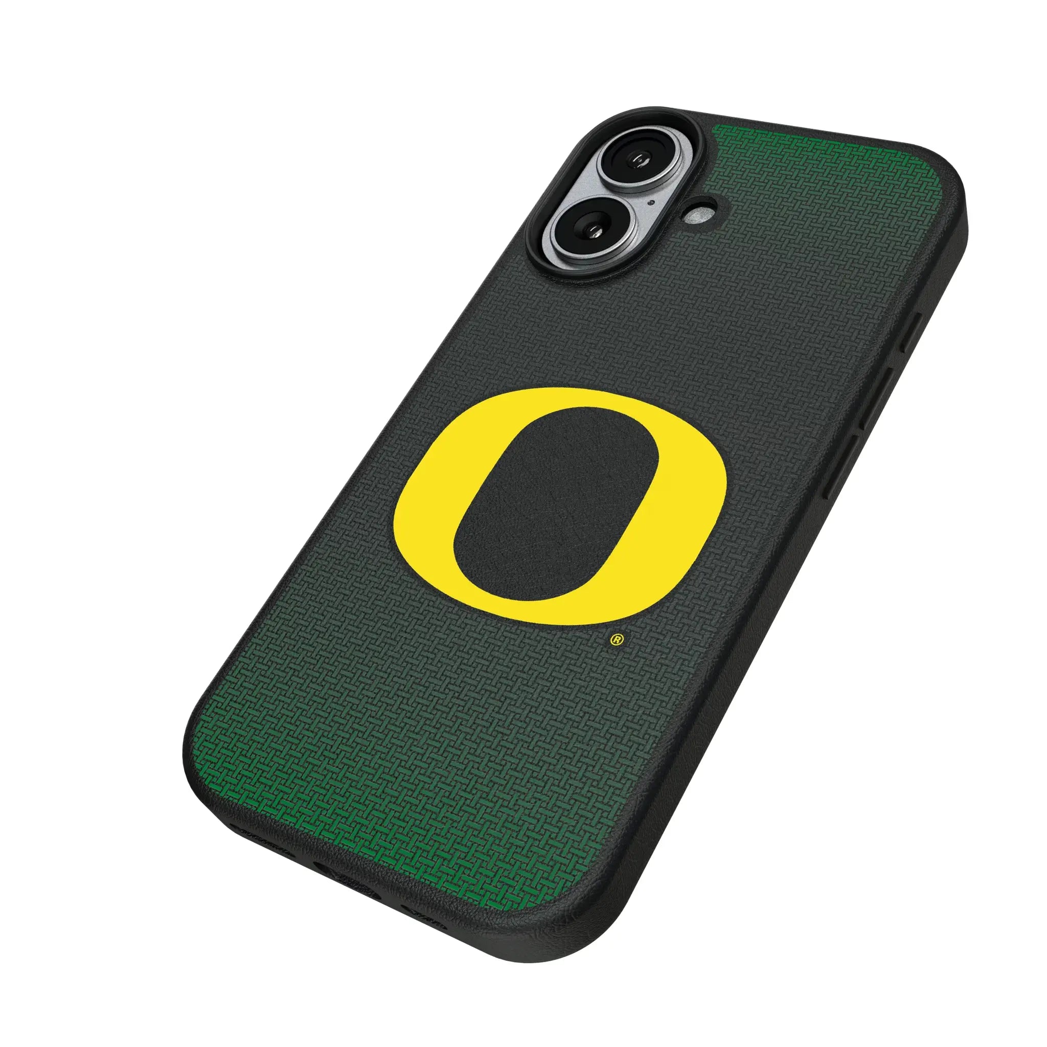 University of Oregon Ducks Linen iPhone MagSafe Compatible Phone Case for Apple iPhone - Isometric View#Device_iPhone 17