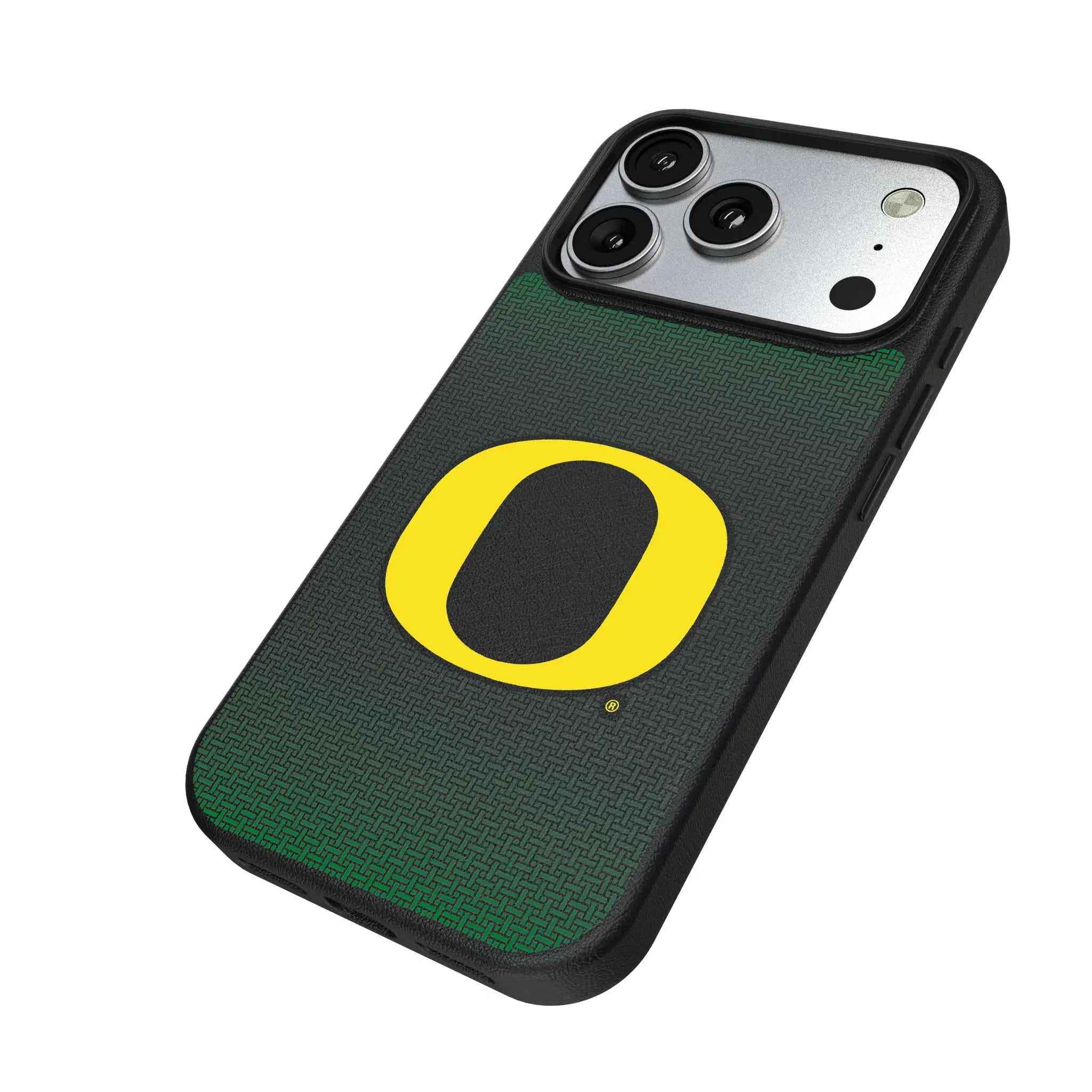 University of Oregon Ducks Linen iPhone MagSafe Compatible Phone Case for Apple iPhone - Isometric View#Device_iPhone 17 Pro