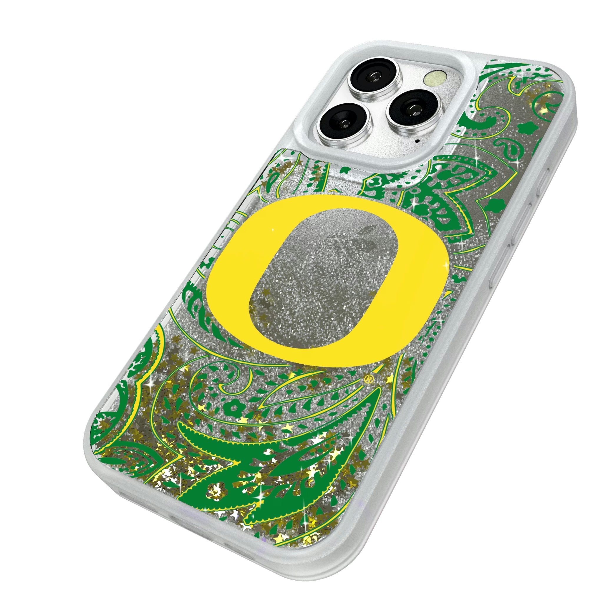 University of Oregon Ducks Paisley iPhone Glitter Phone Case for Apple iPhone - Isometric View#Device_iPhone 16 Pro