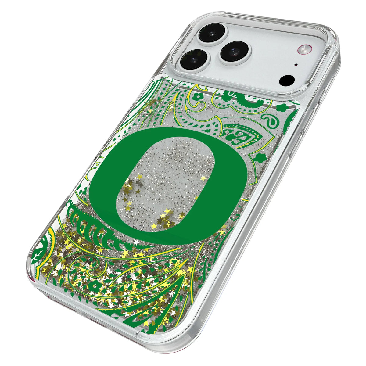 University of Oregon Ducks Paisley iPhone Glitter Phone Case for Apple iPhone - Isometric View#Device_iPhone 18 Pro Max