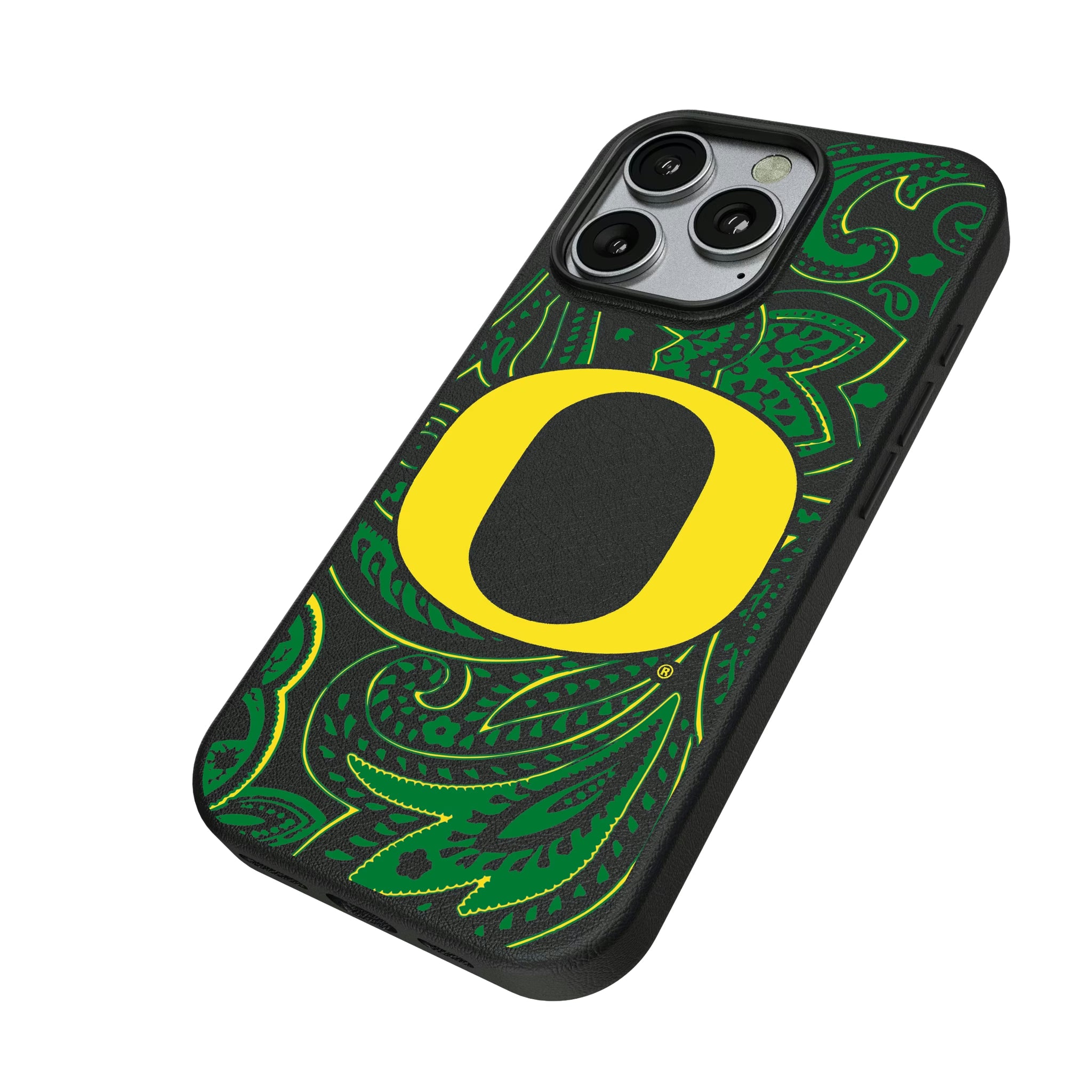 University of Oregon Ducks Paisley iPhone MagSafe Compatible Phone Case for Apple iPhone - Isometric View