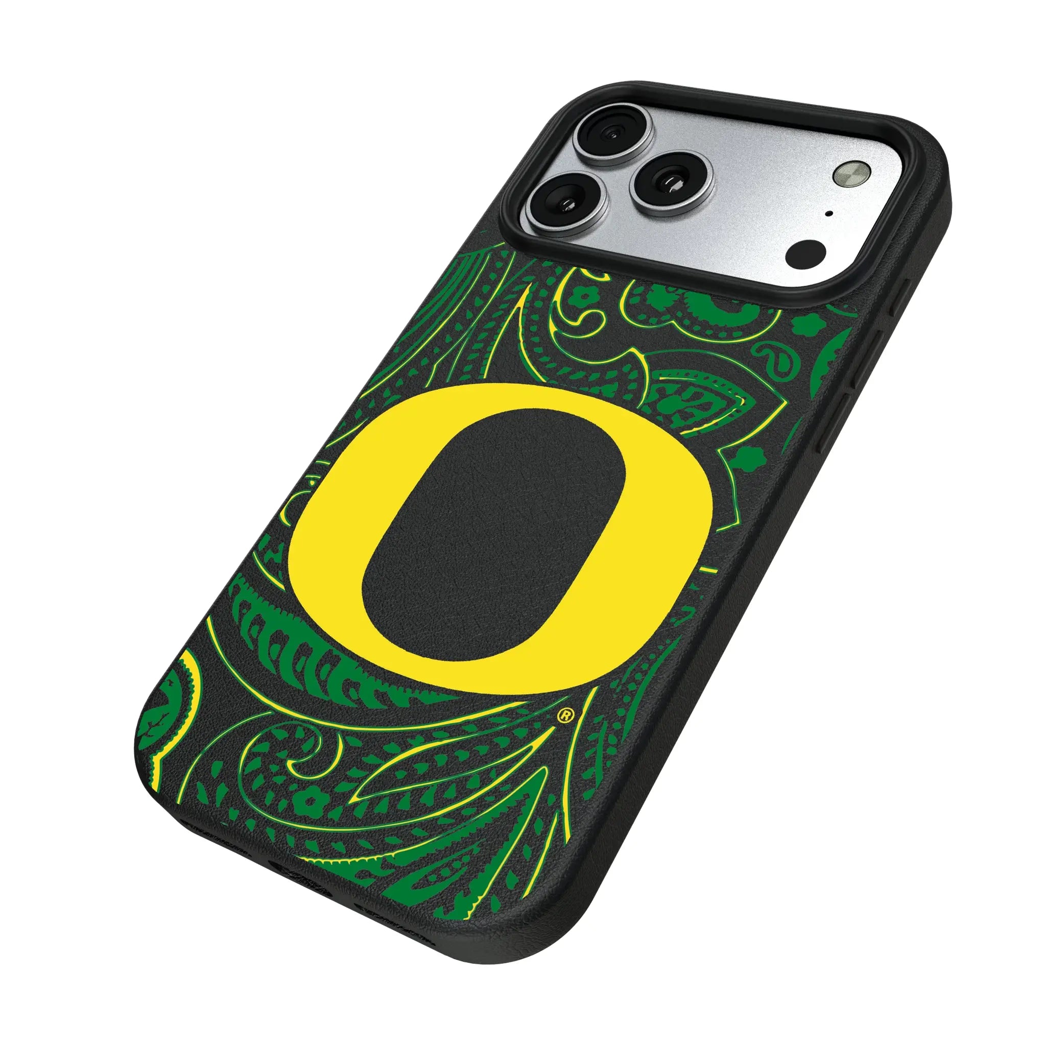 University of Oregon Ducks Paisley iPhone MagSafe Compatible Phone Case for Apple iPhone - Isometric View#Device_iPhone 17 Pro Max