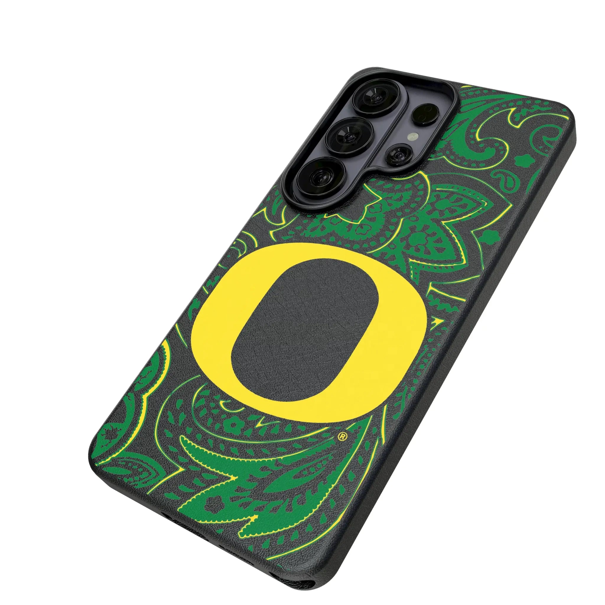 University of Oregon Ducks Paisley Galaxy MagSafe Compatible Phone Case for Samsung Galaxy - Isometric View#Device_Galaxy S26 Ultra