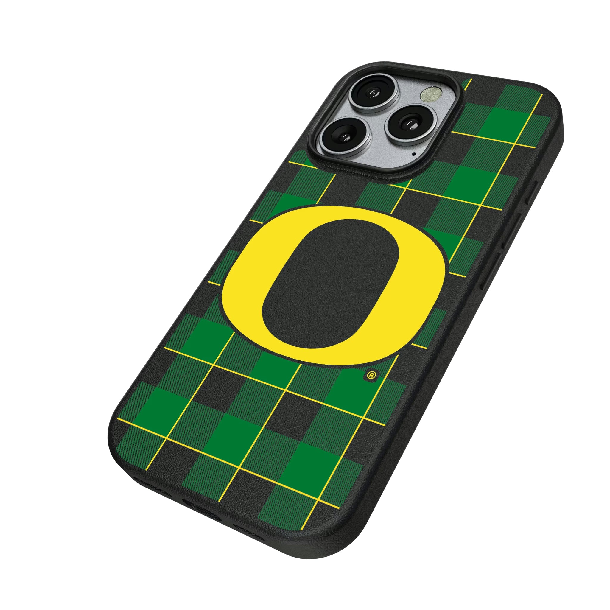 University of Oregon Ducks Plaid iPhone MagSafe Compatible Phone Case for Apple iPhone - Isometric View