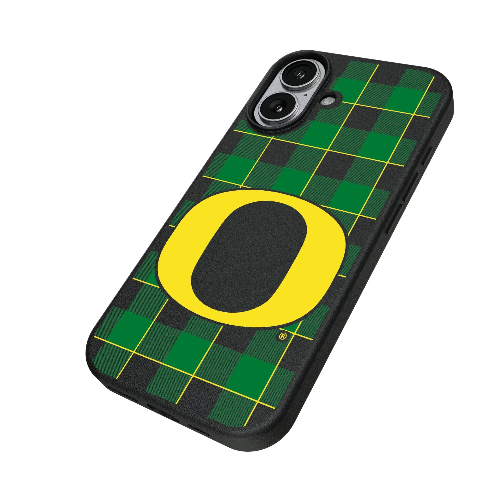 University of Oregon Ducks Plaid iPhone MagSafe Compatible Phone Case for Apple iPhone - Isometric View#Device_iPhone 17