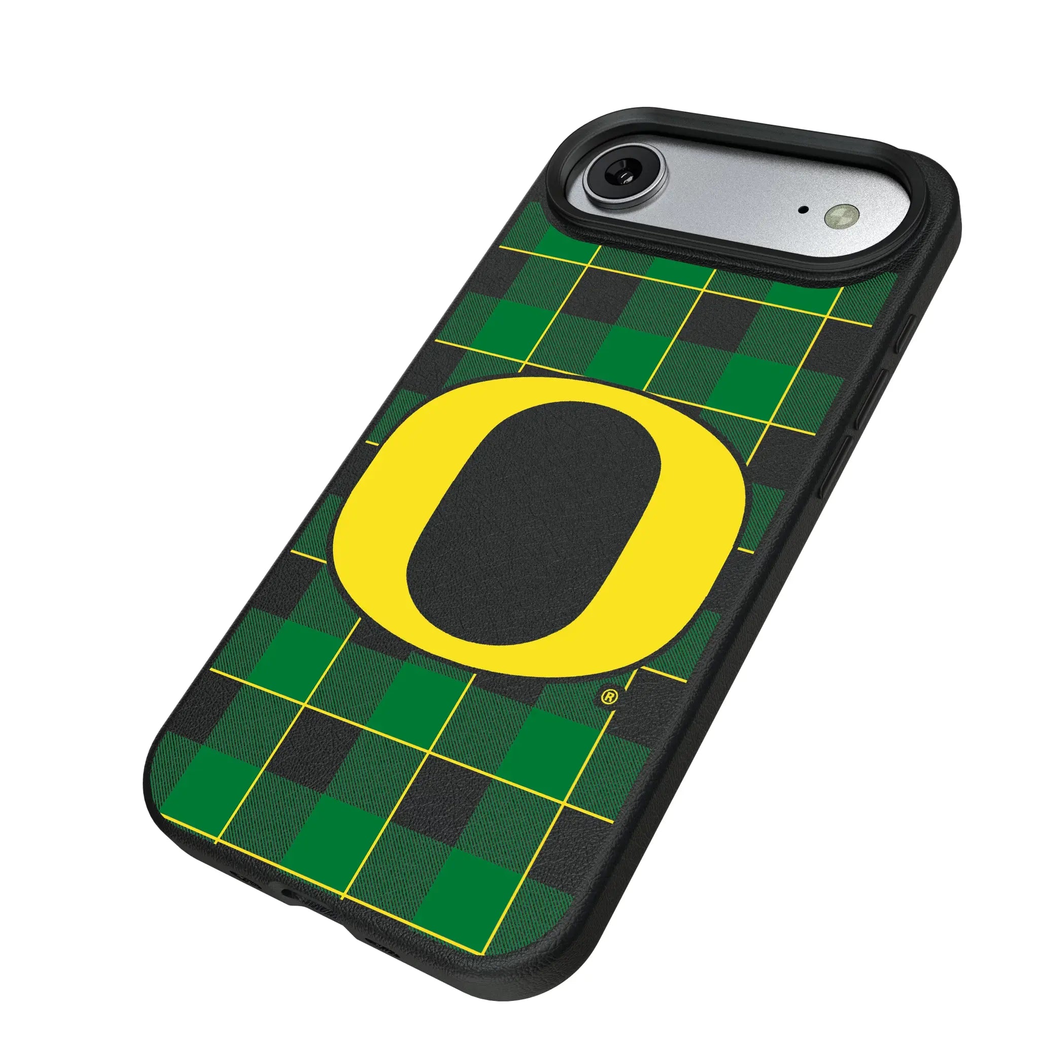 University of Oregon Ducks Plaid iPhone MagSafe Compatible Phone Case for Apple iPhone - Isometric View#Device_iPhone Air