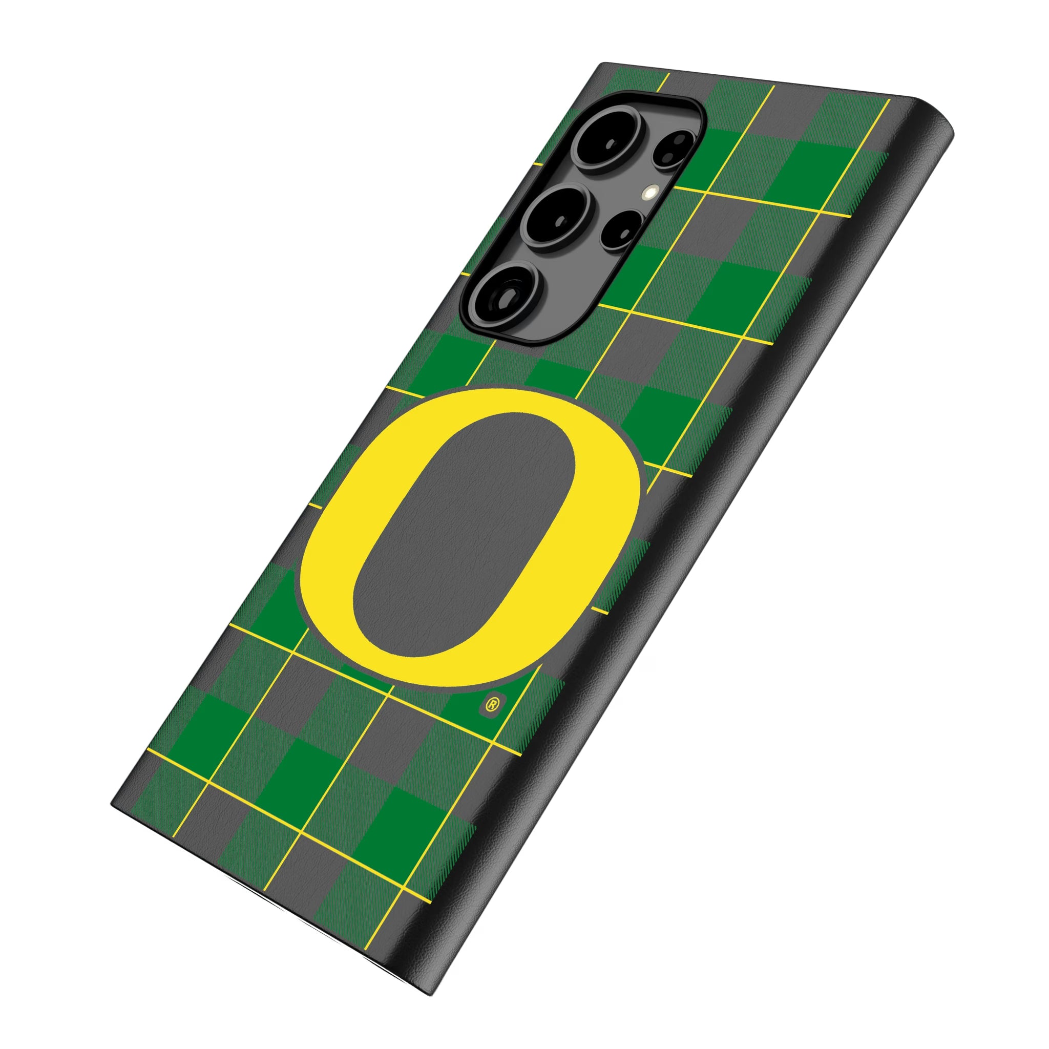 University of Oregon Ducks Plaid Galaxy MagSafe Compatible Phone Case for Samsung Galaxy - Isometric View