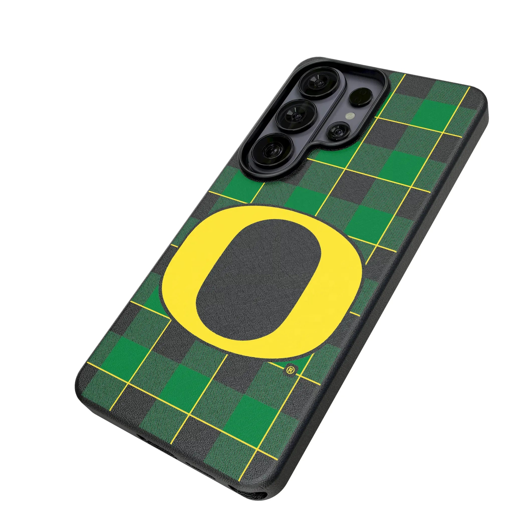 University of Oregon Ducks Plaid Galaxy MagSafe Compatible Phone Case for Samsung Galaxy - Isometric View#Device_Galaxy S26 Ultra