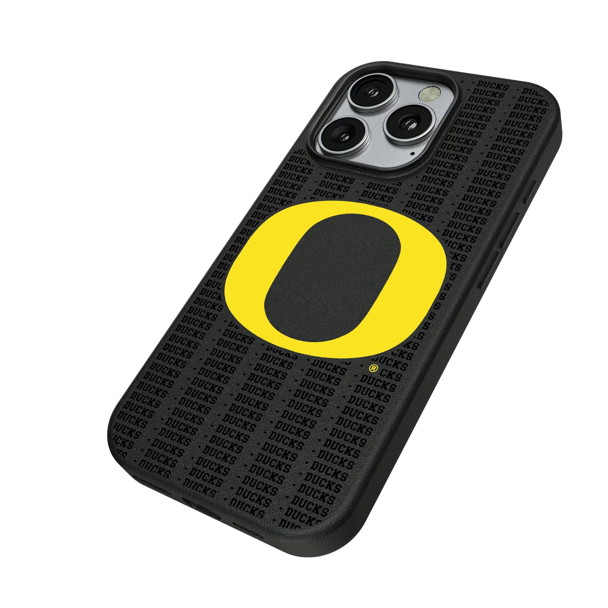 University of Oregon Ducks Text Backdrop iPhone MagSafe Compatible Phone Case for Apple iPhone - Isometric View