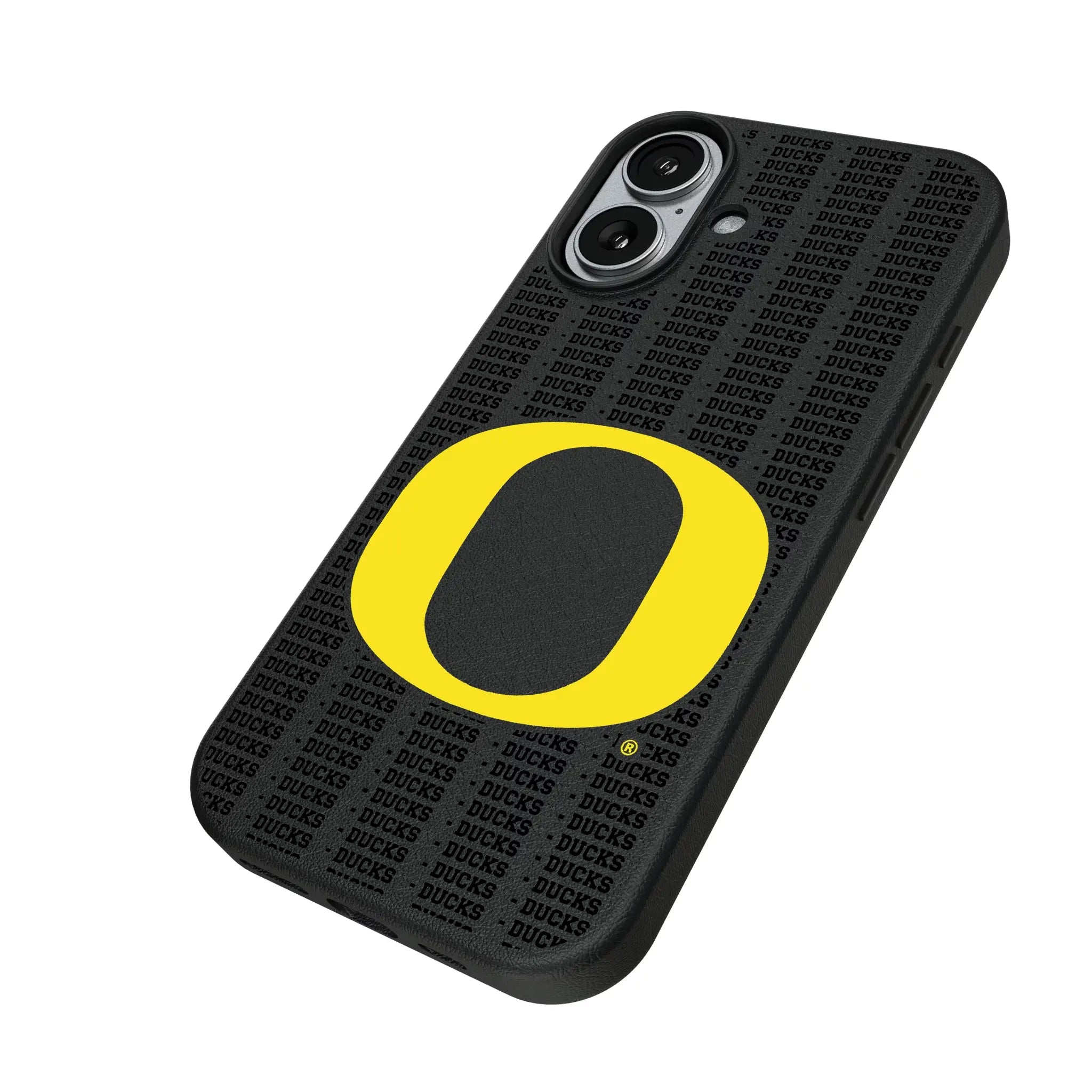 University of Oregon Ducks Text Backdrop iPhone MagSafe Compatible Phone Case for Apple iPhone - Isometric View#Device_iPhone 17