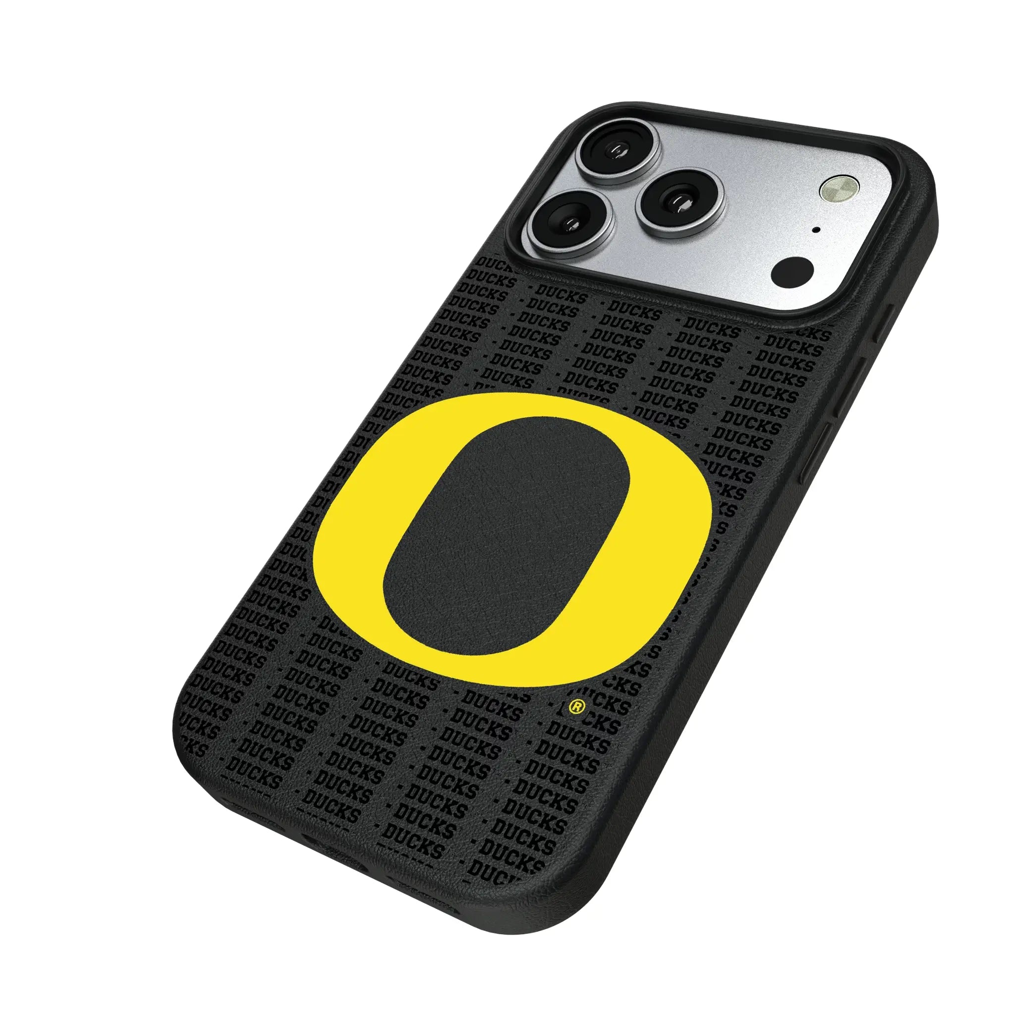 University of Oregon Ducks Text Backdrop iPhone MagSafe Compatible Phone Case for Apple iPhone - Isometric View#Device_iPhone 17 Pro