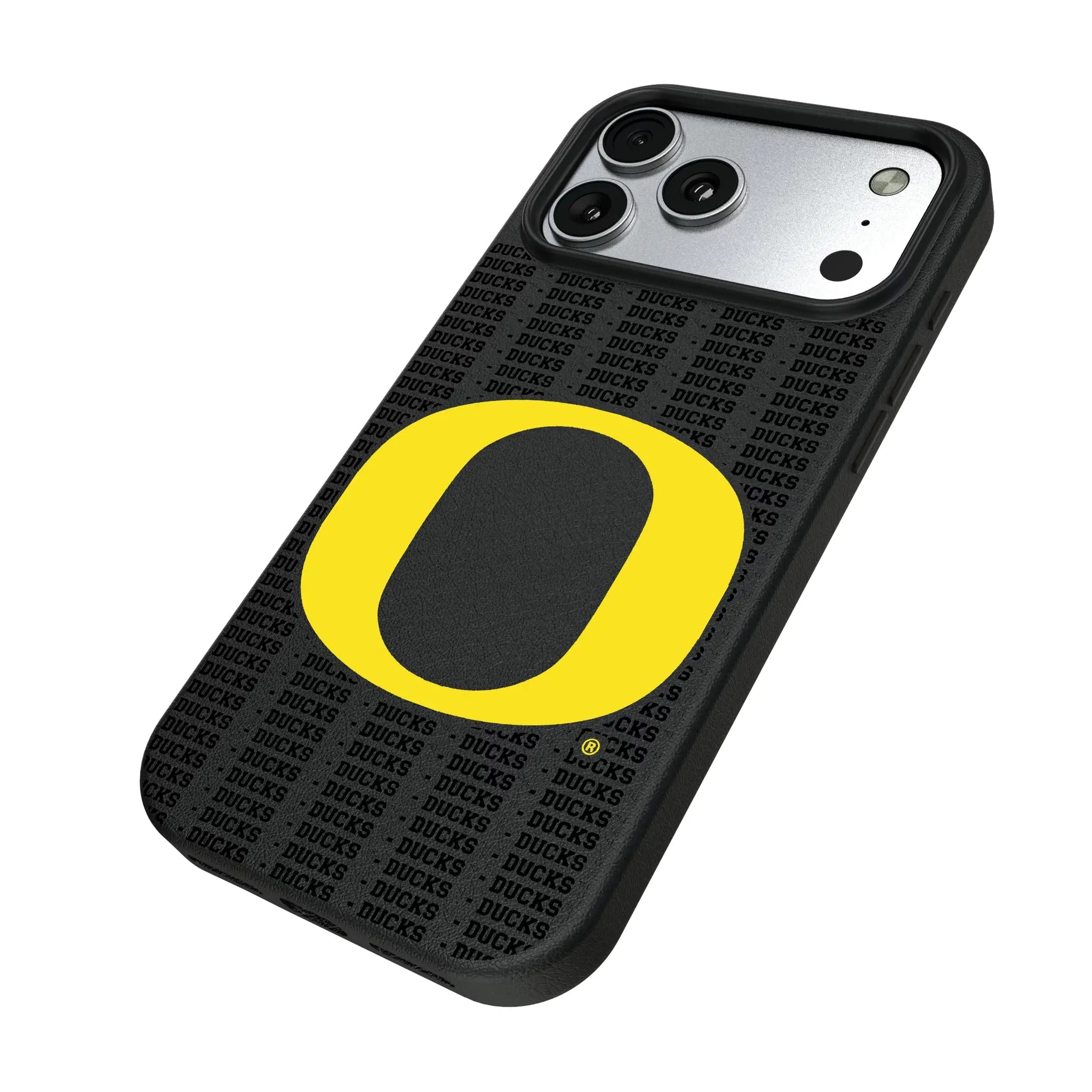 University of Oregon Ducks Text Backdrop iPhone MagSafe Compatible Phone Case for Apple iPhone - Isometric View#Device_iPhone 17 Pro Max