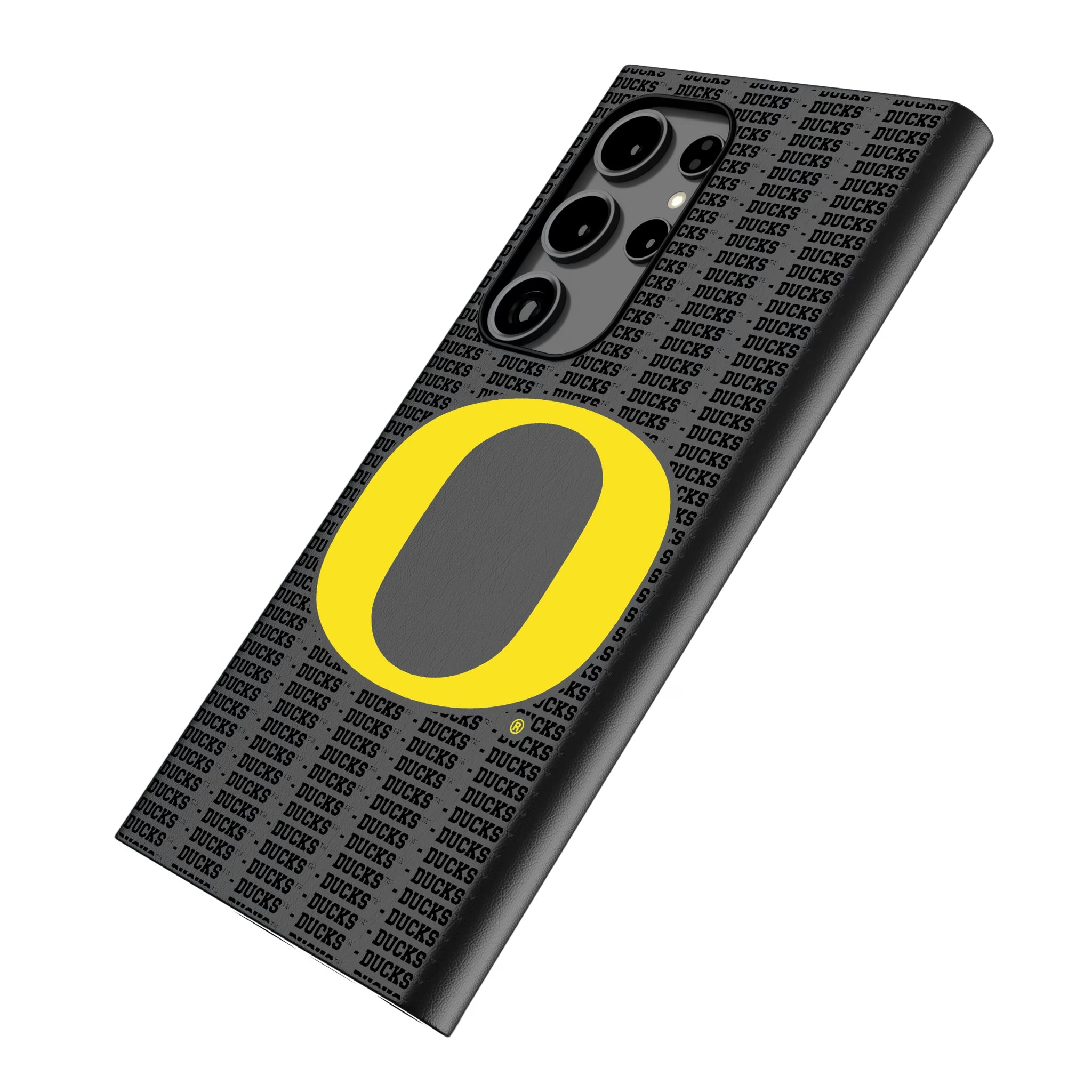 University of Oregon Ducks Text Backdrop Galaxy MagSafe Compatible Phone Case for Samsung Galaxy - Isometric View